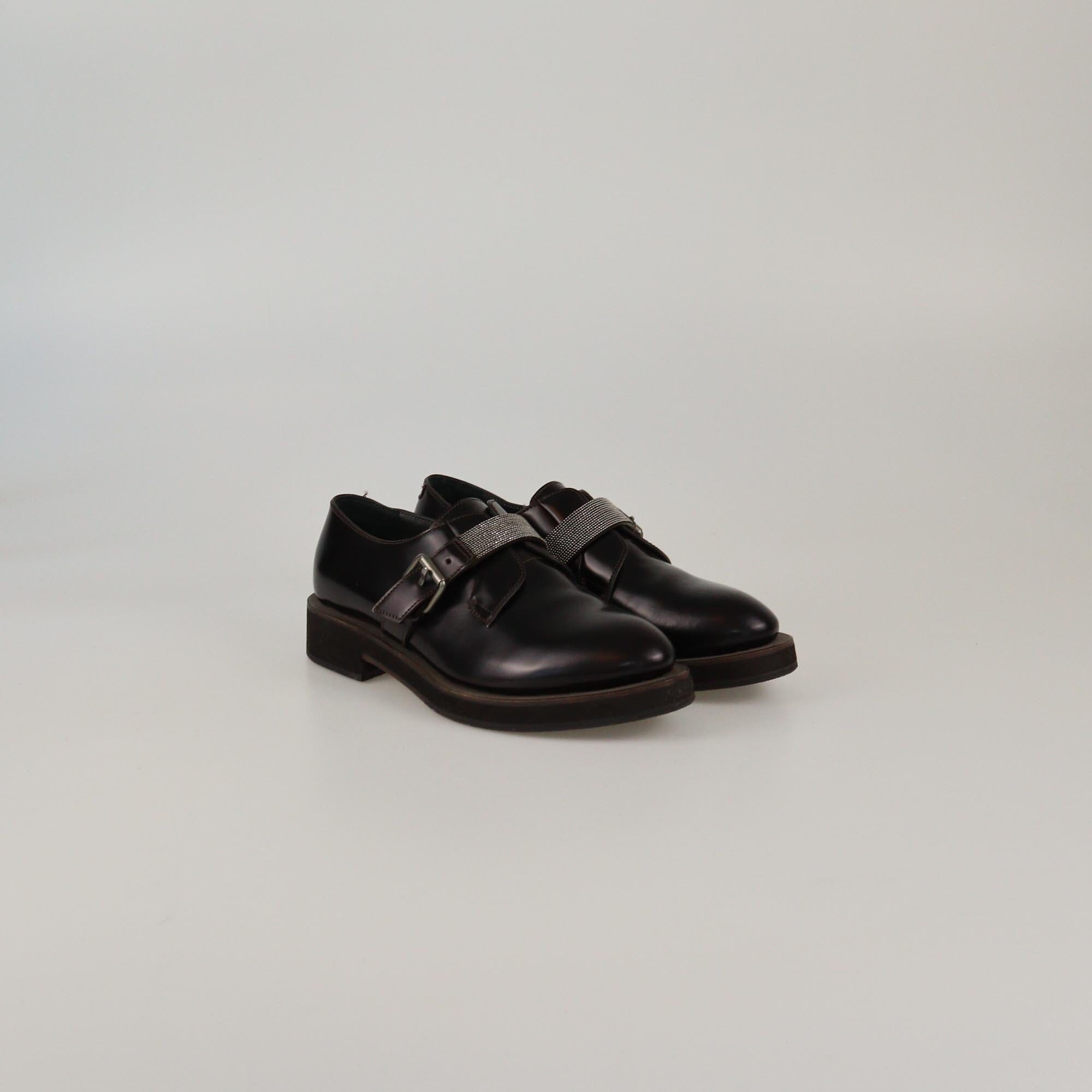 Brunello Cucinelli Dark Brown Beaded Strap Buckle Monili Derby Womens Brunello Cucinelli
