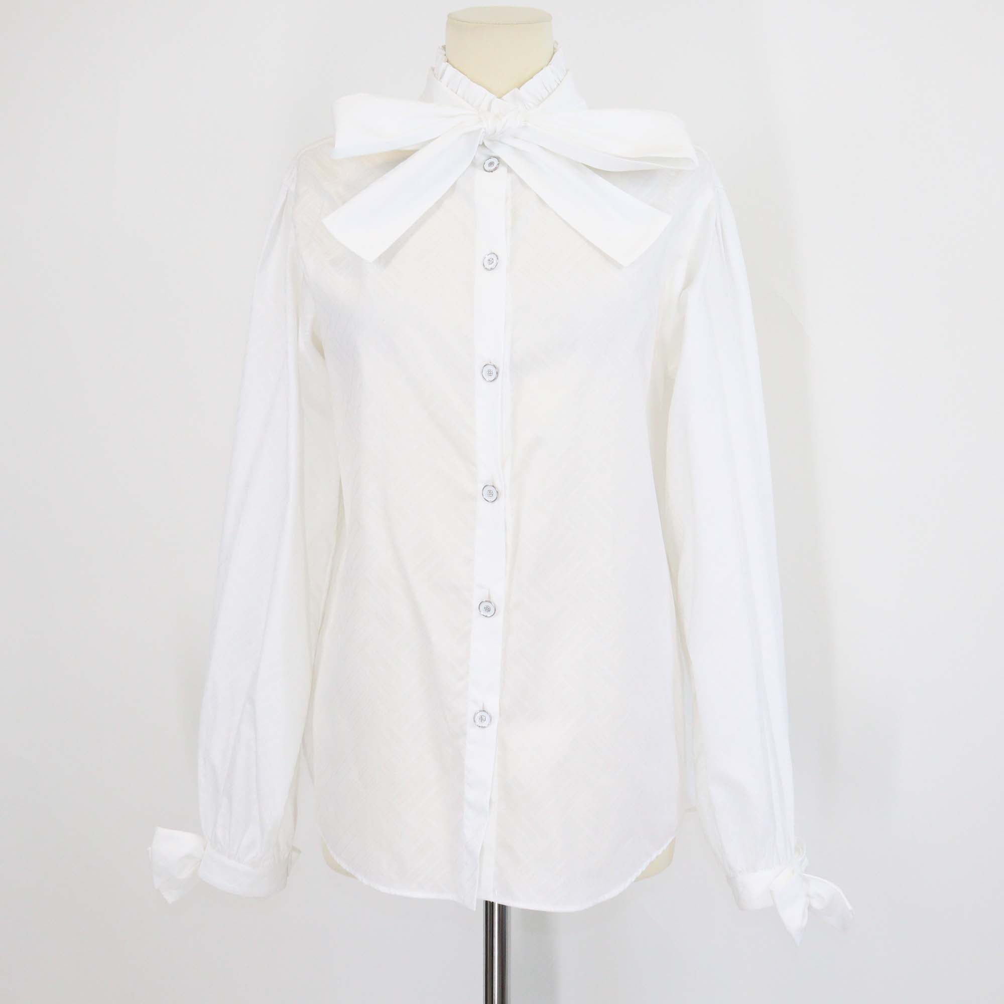 Chanel White Cotton Neck Tie Long Sleeve Tunic Top