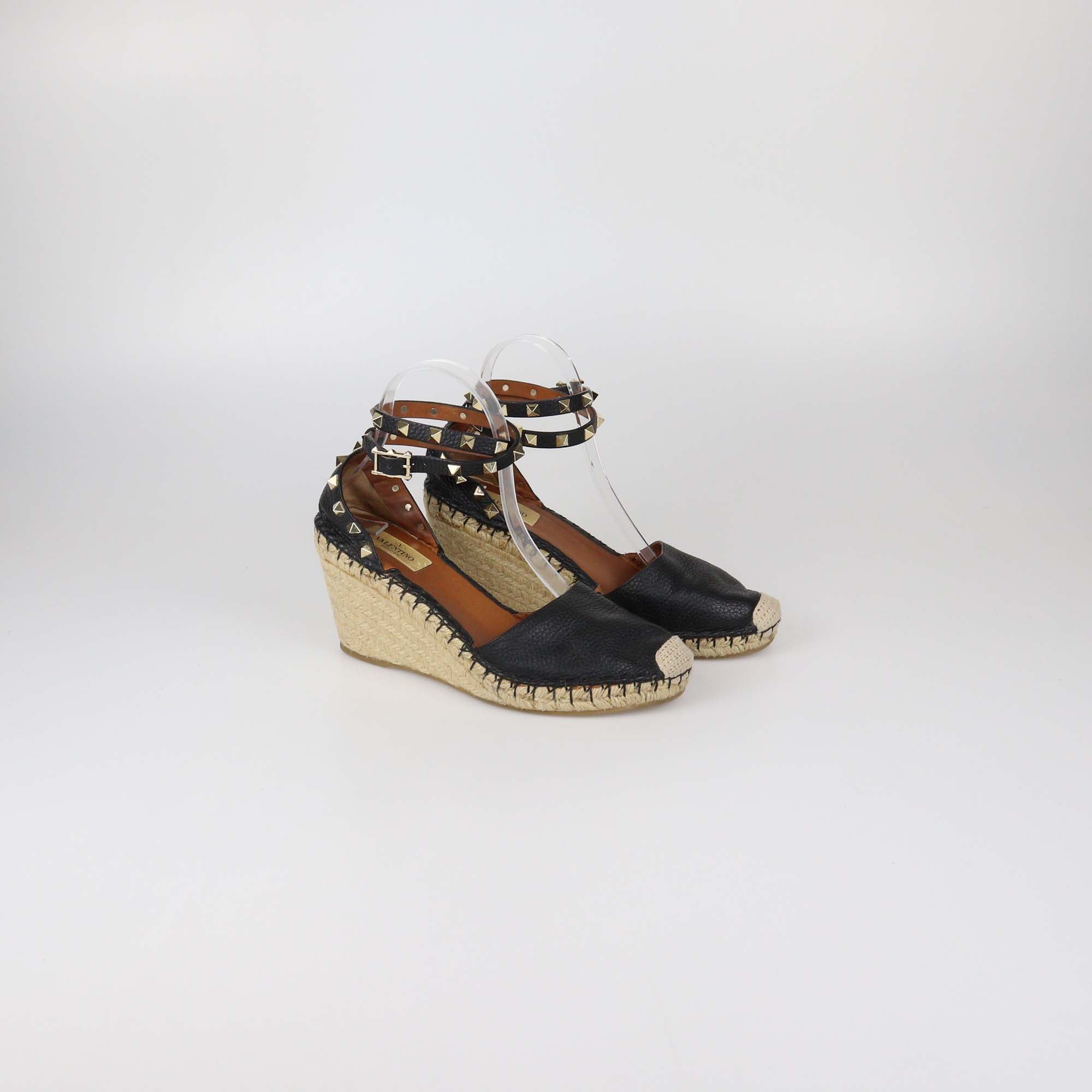 Valentino Black Leather Rockstud Ankle Strap Wedge Espadrille Sandals