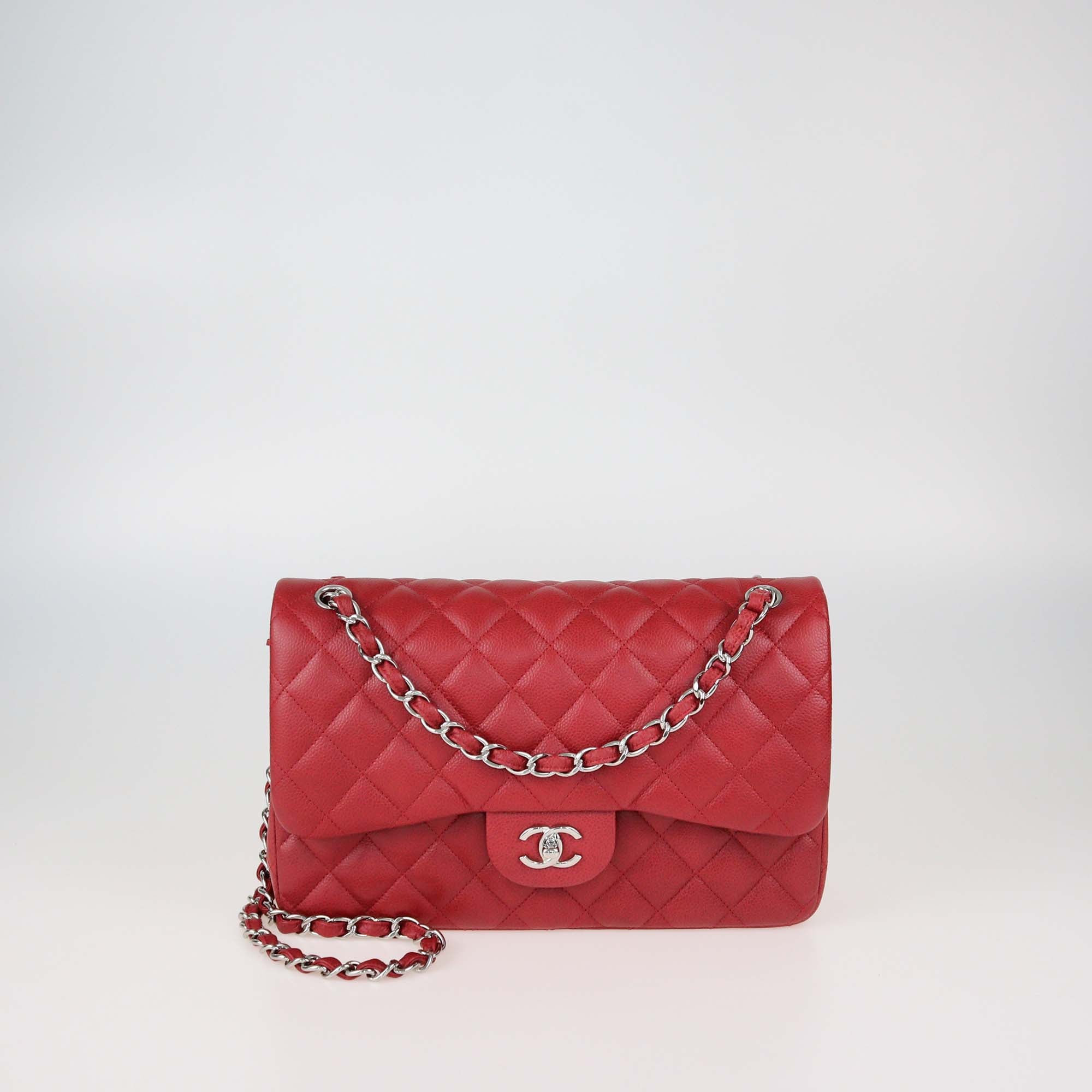 Chanel Dark Red Quilted Caviar Leather Jumbo Classic Double Flap Bag