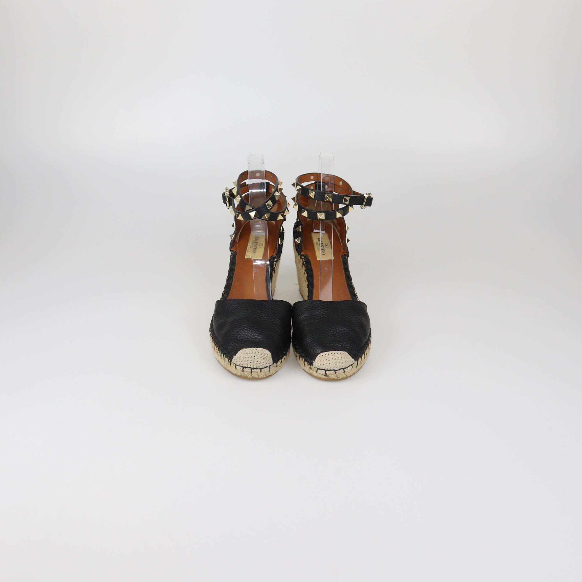 Valentino Black Leather Rockstud Ankle Strap Wedge Espadrille Sandals