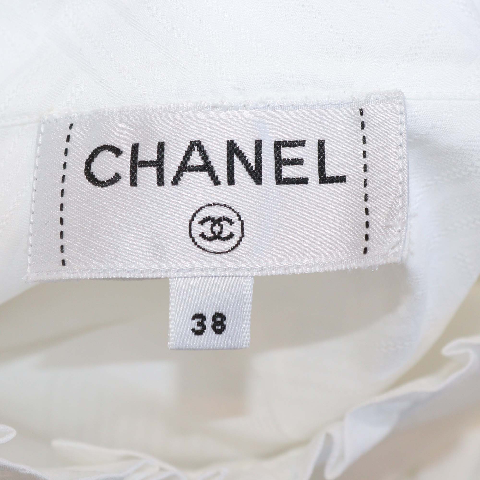 Chanel White Cotton Neck Tie Long Sleeve Tunic Top