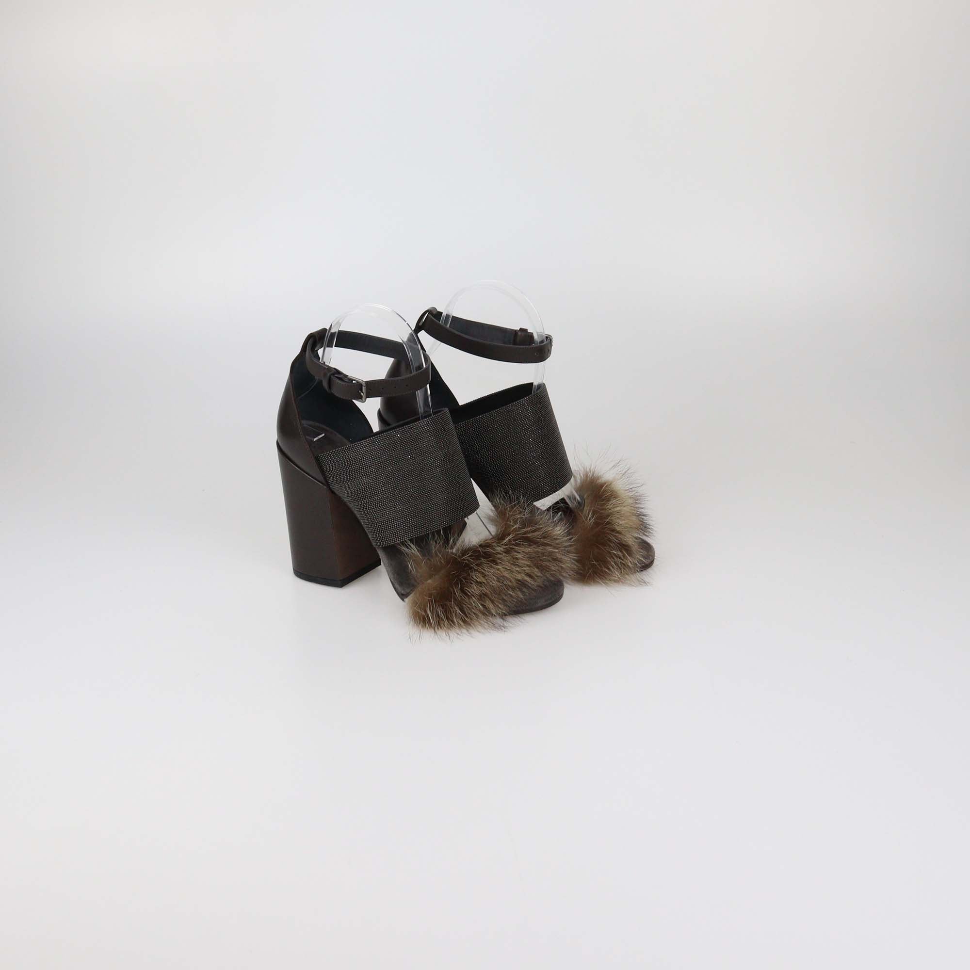 Brunello Cucinelli Grey/Dark Brown Beaded and Fur Ankle Strap Sandals