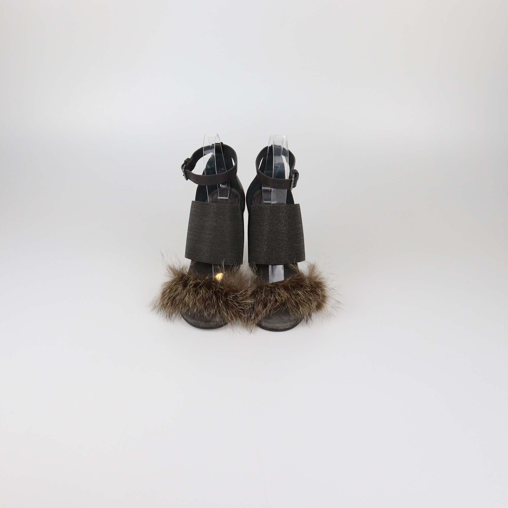Brunello Cucinelli Grey/Dark Brown Beaded and Fur Ankle Strap Sandals