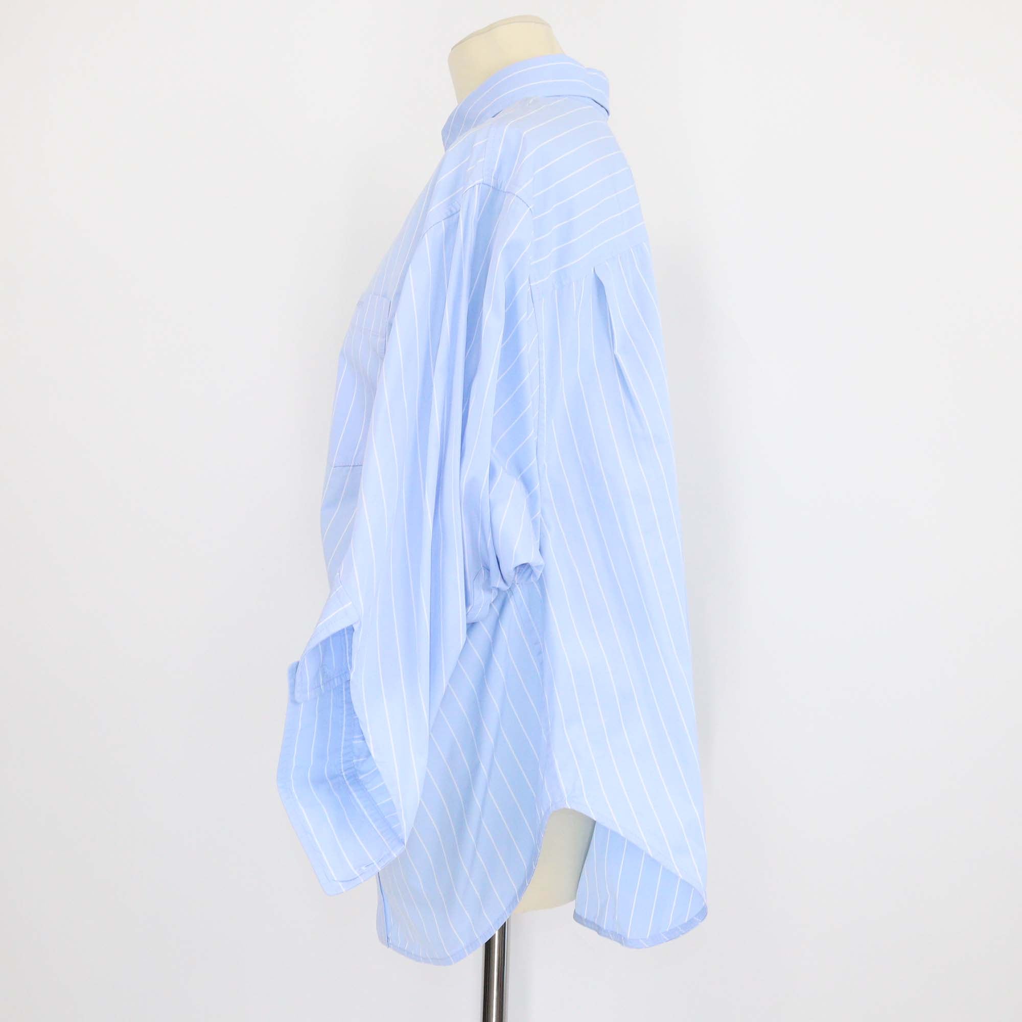 Balenciaga Light Blue/White Striped Cotton Oversized Fit Three Quarter Sleeve Shirt