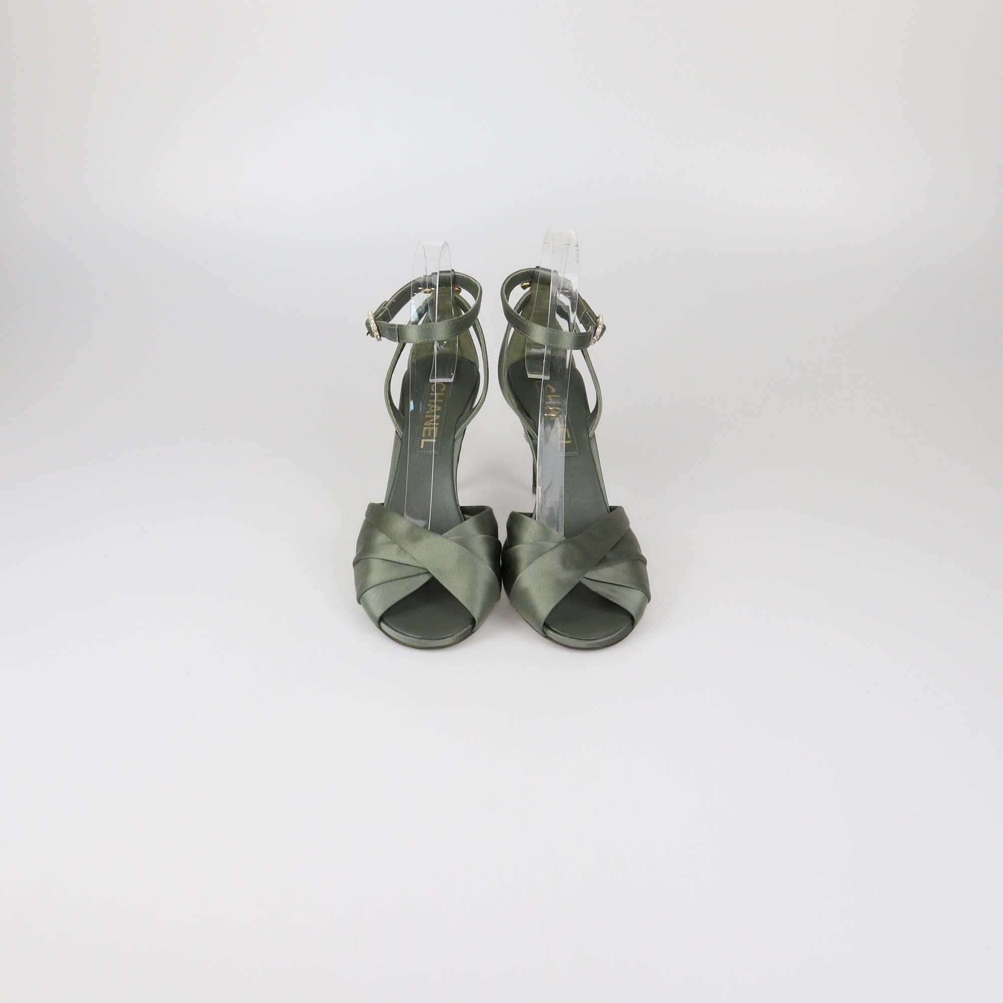 Chanel Sage Green Satin Crystal Embellished Heel Sandals