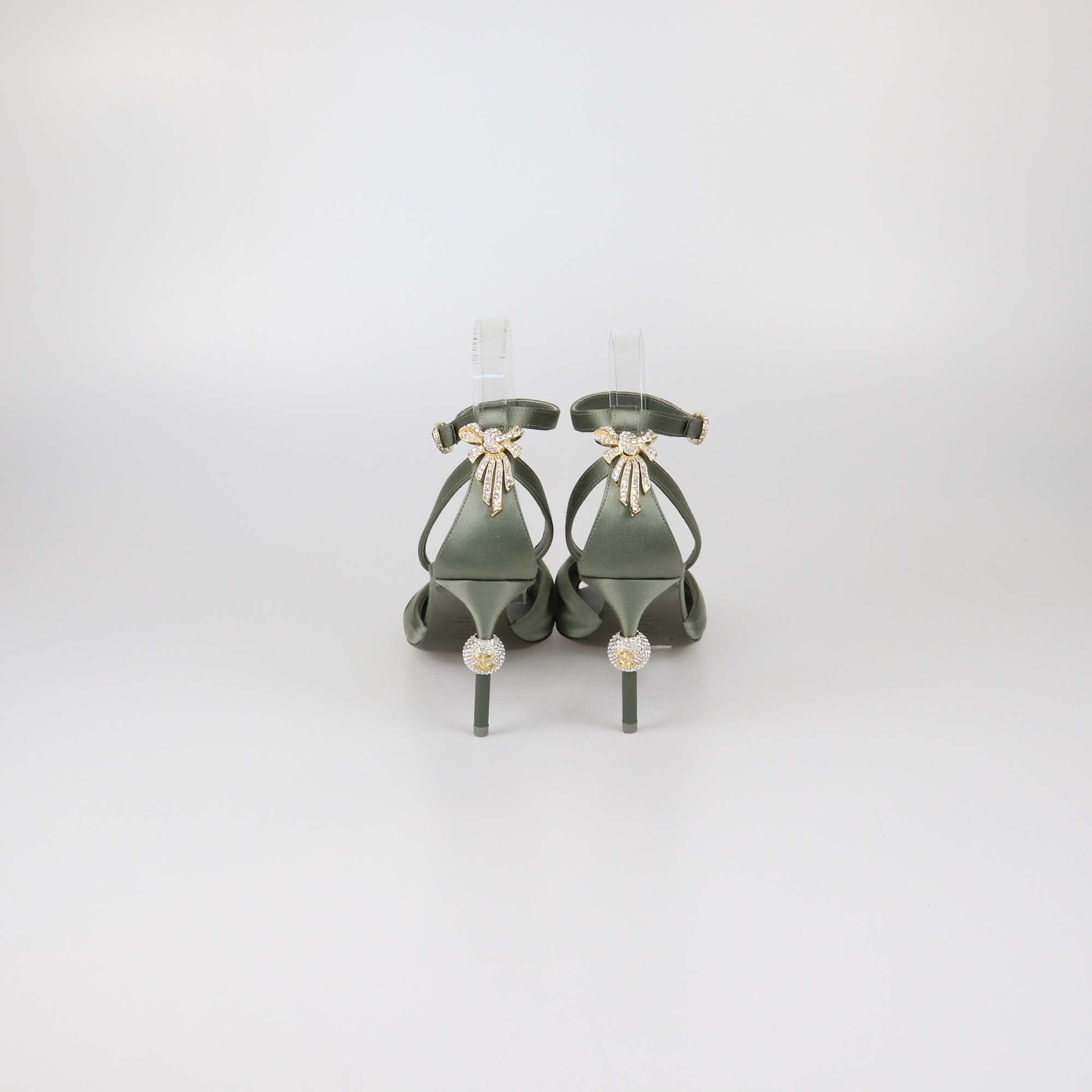 Chanel Sage Green Satin Crystal Embellished Heel Sandals