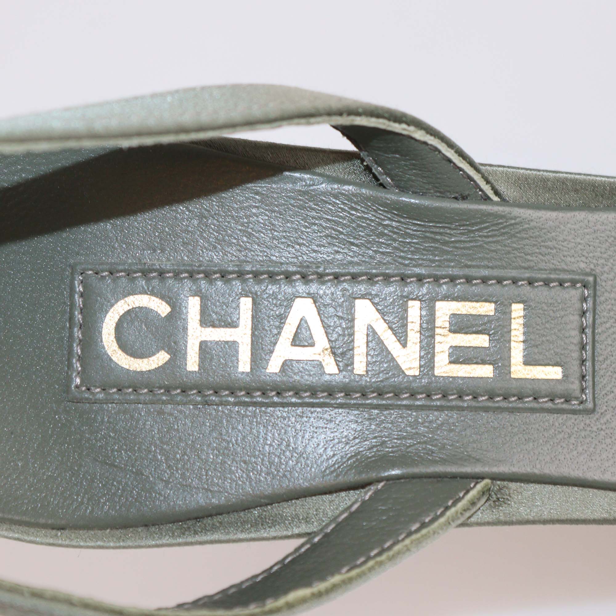 Chanel Sage Green Satin Crystal Embellished Heel Sandals