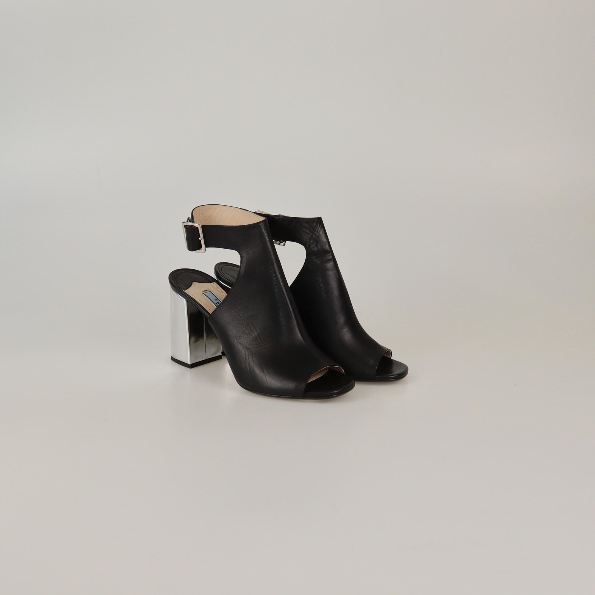 Prada Black/Silver Peep Toe Ankle Strap Sandals Womens Prada