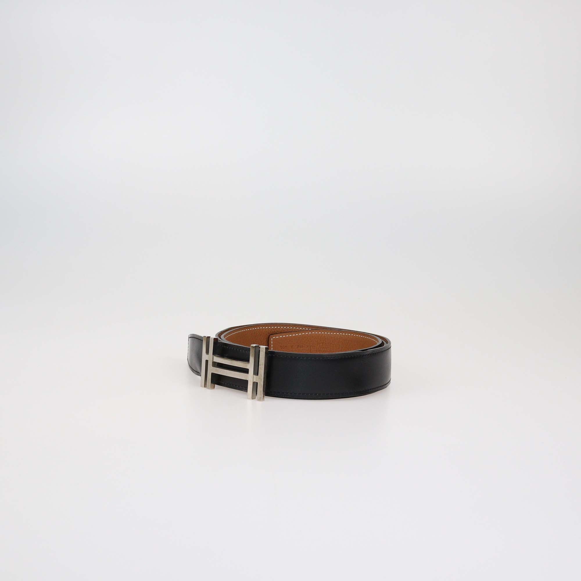 Hermes Black/Gold Box Calf and Togo Leather Reversible H Au Carre Buckle Belt