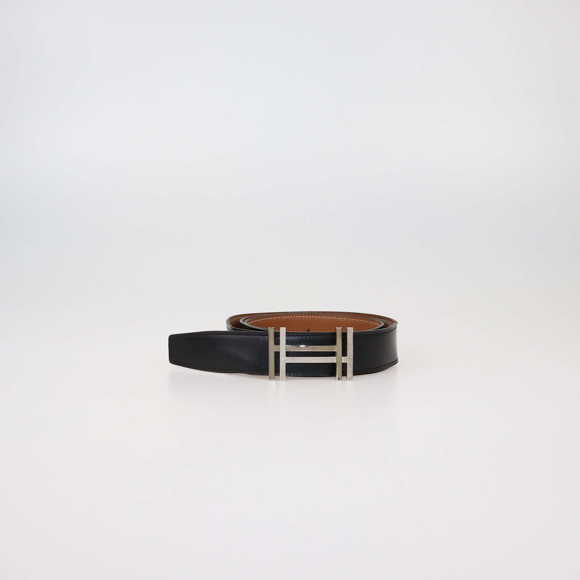 Hermes Black/Gold Box Calf and Togo Leather Reversible H Au Carre Buckle Belt