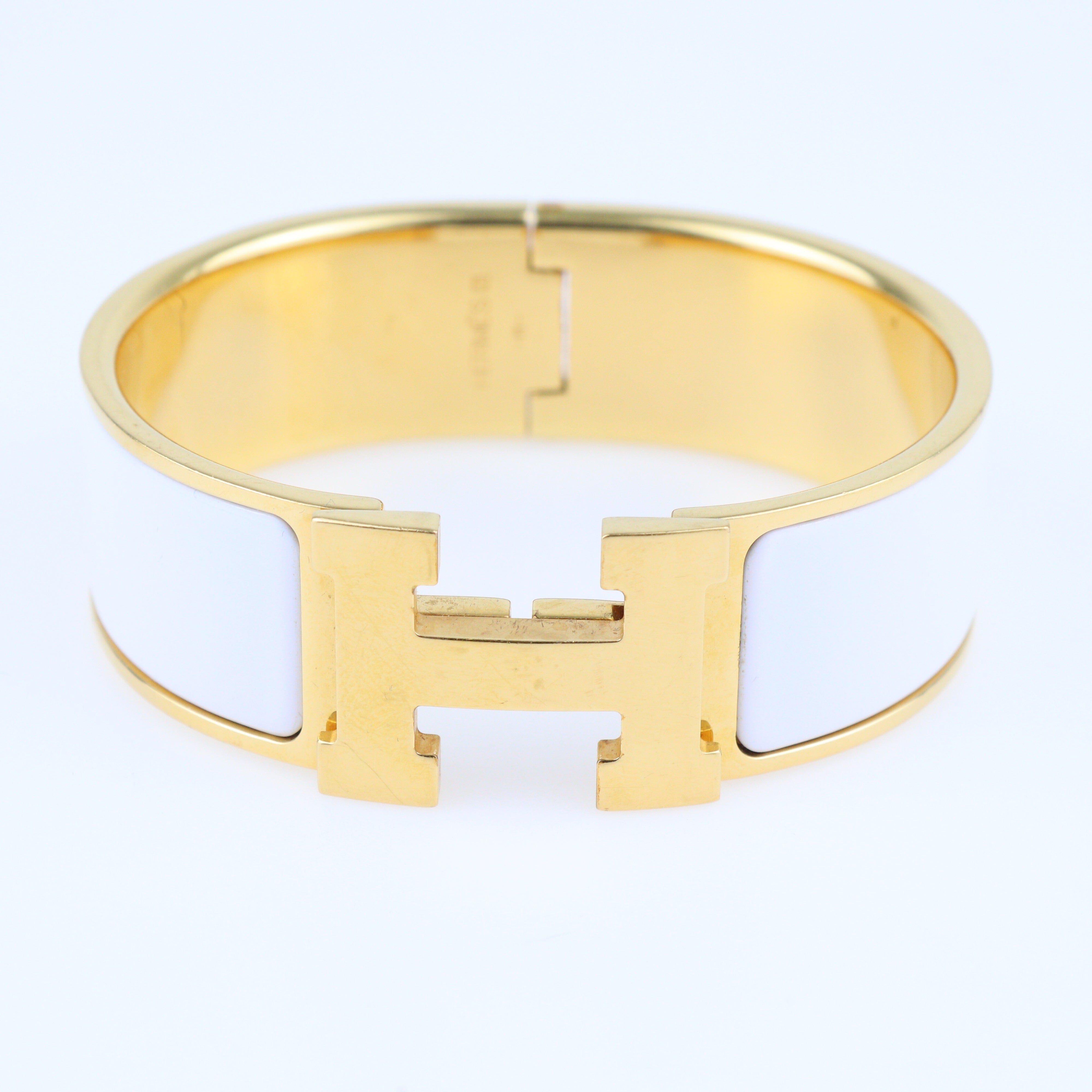White Enamel Gold Plated Clic Clac H Bangle Bracelet Jewellery Hermes 