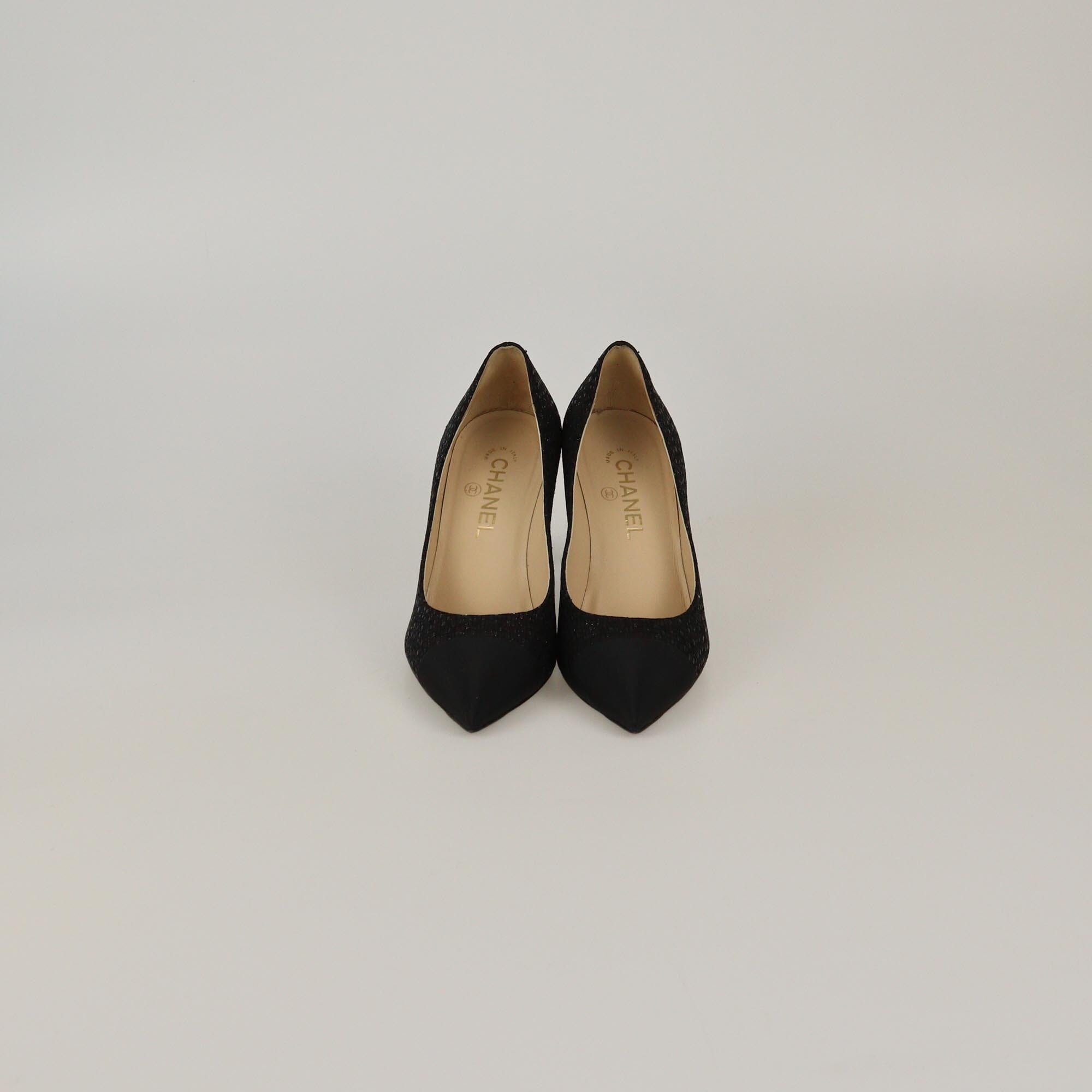 Chanel Black Embroidered Cap Pointed Toe Pumps Womens Chanel