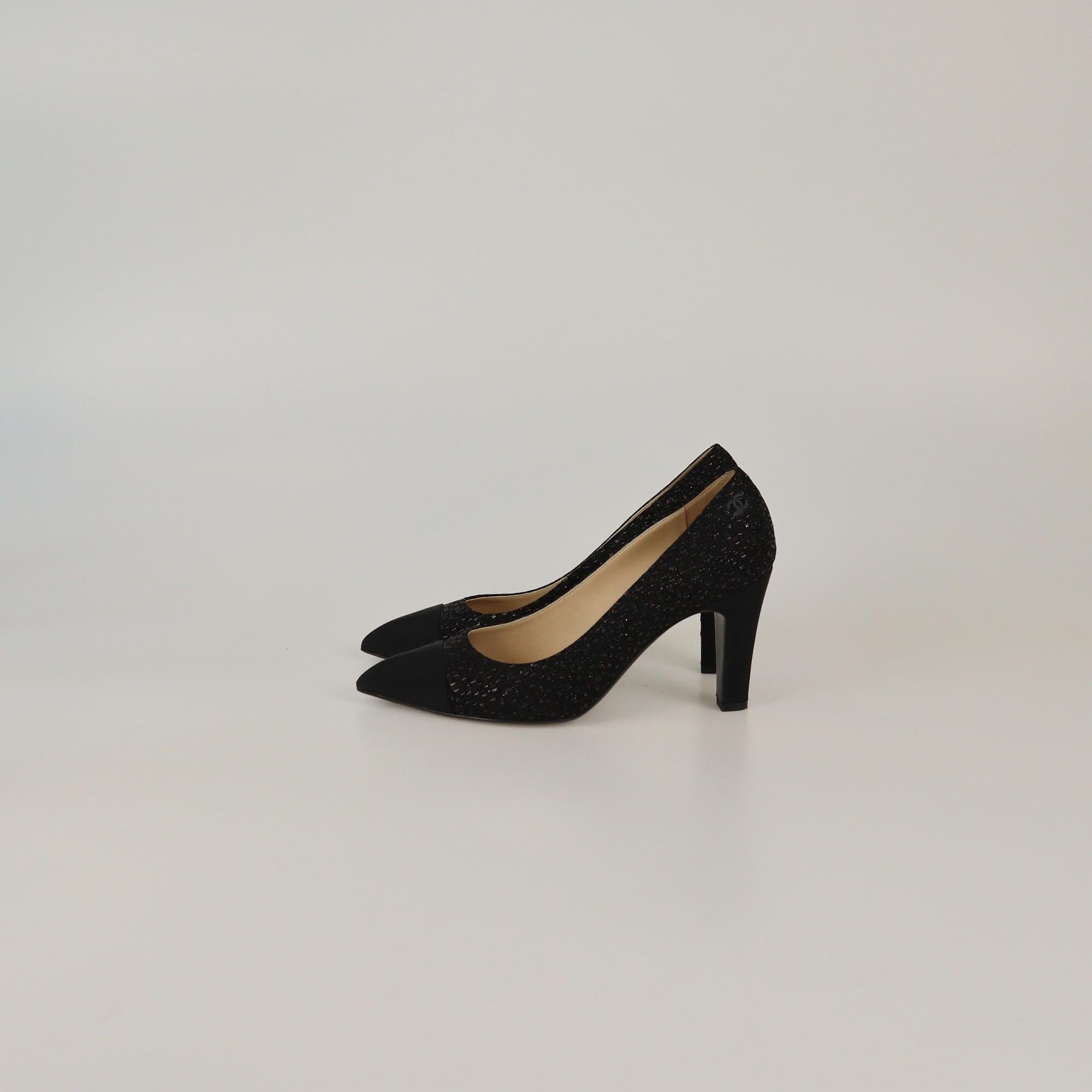 Chanel Black Embroidered Cap Pointed Toe Pumps Womens Chanel