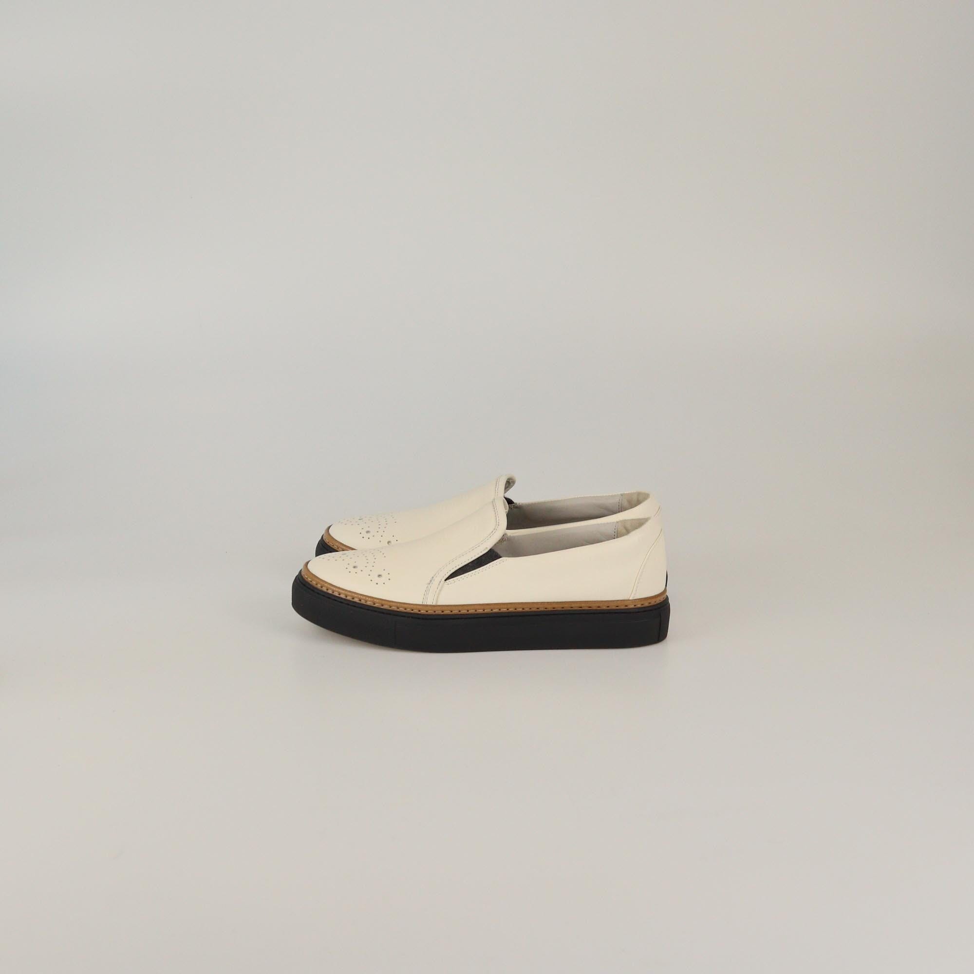 Brunello Cucinelli Off White/Brown Slip On Sneakers Womens Brunello Cucinelli