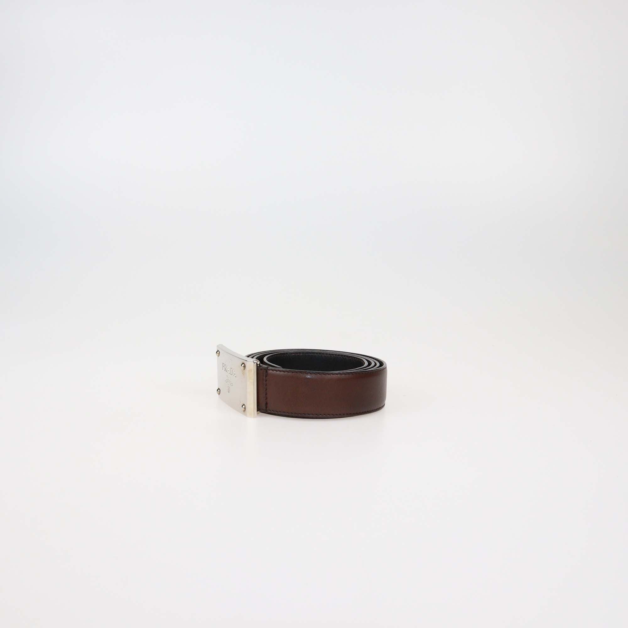 Prada Dark Brown Leather Logo Buckle Belt