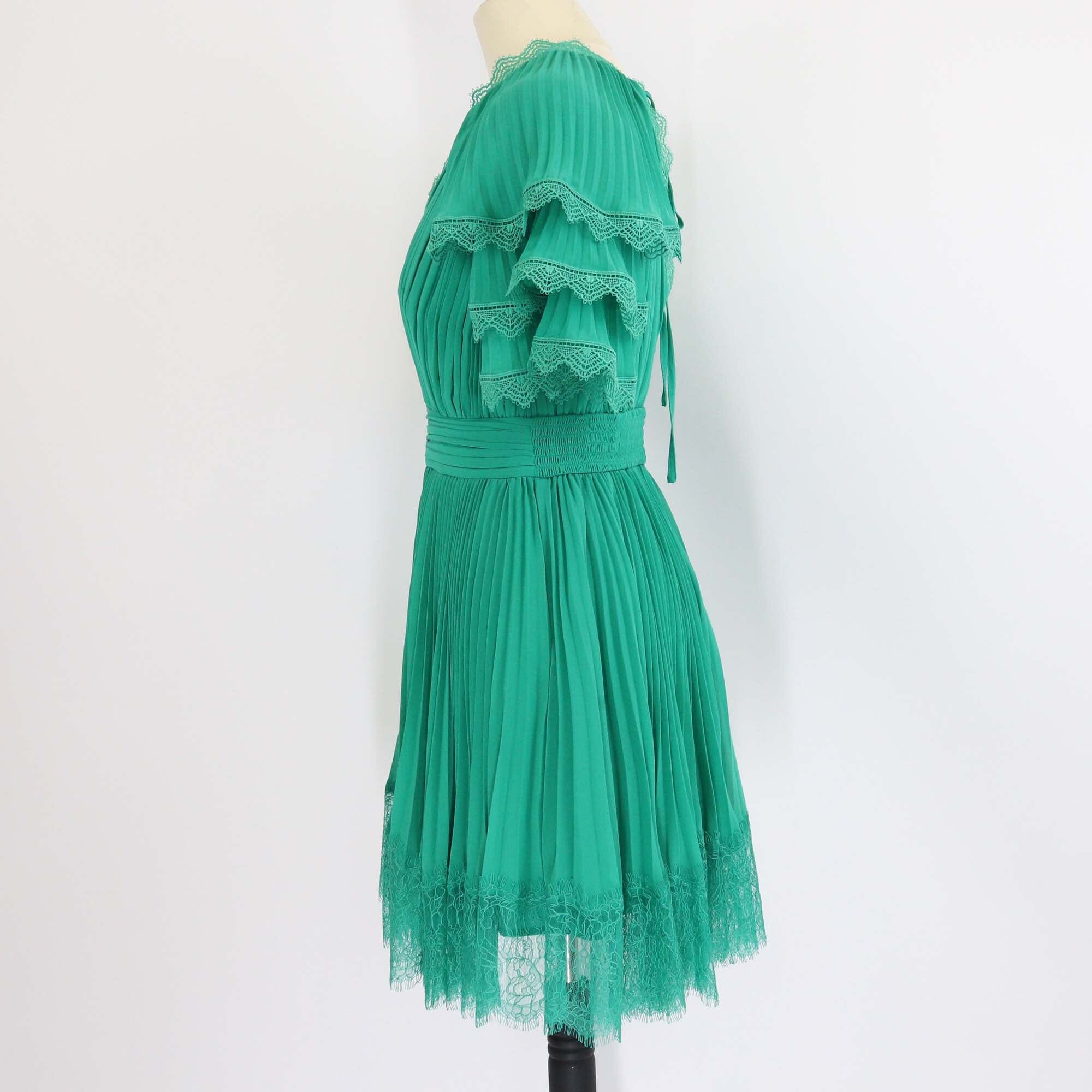 Self-Portrait Green Pleated Chiffon Mini Dress Womens Self-Portrait