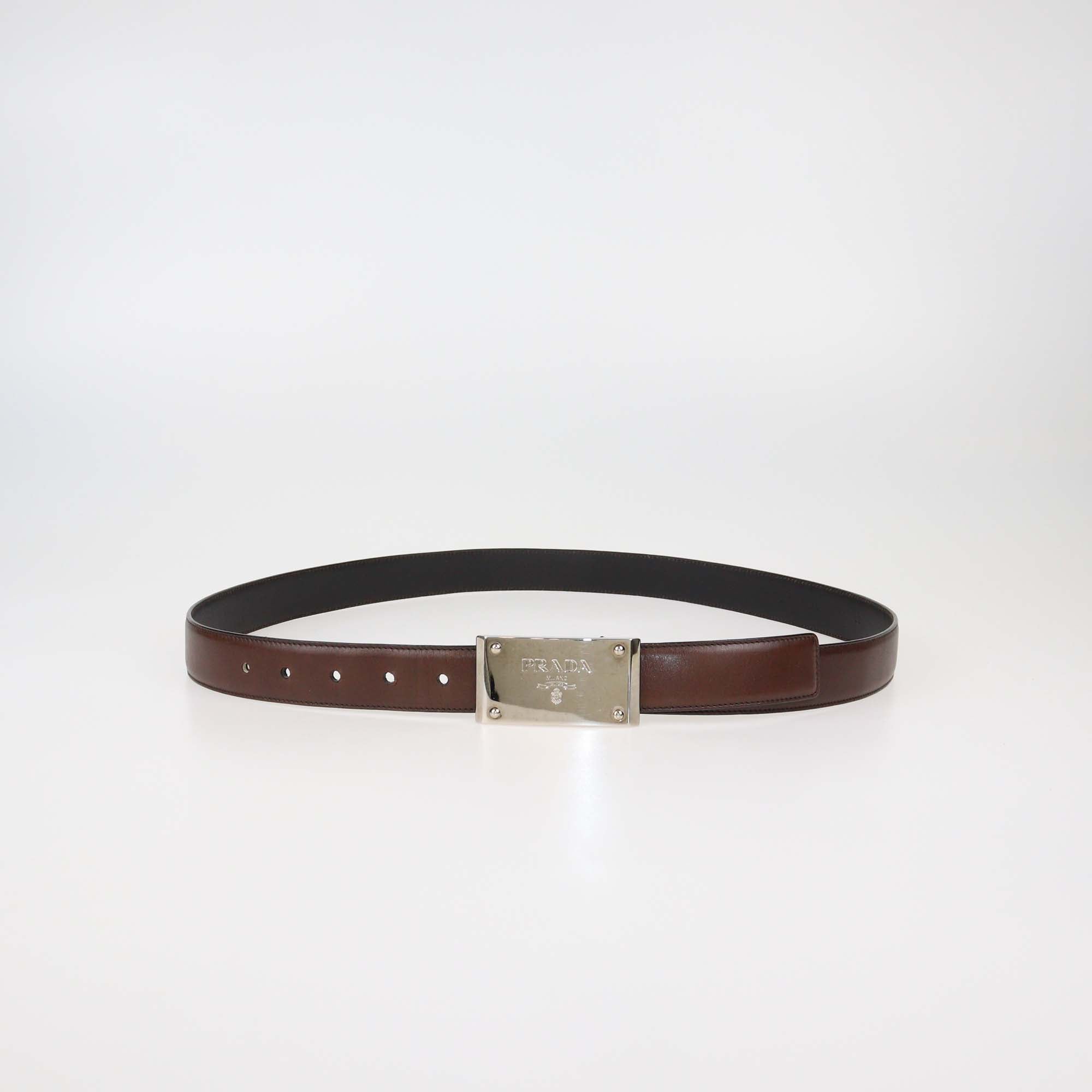 Prada Dark Brown Leather Logo Buckle Belt
