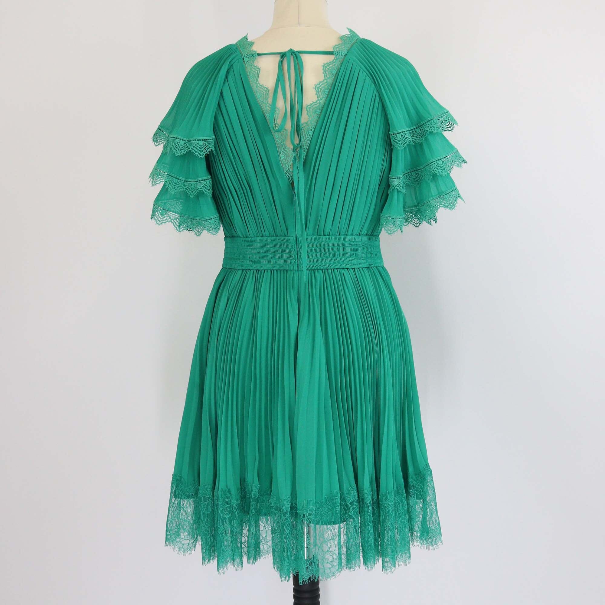 Self-Portrait Green Pleated Chiffon Mini Dress Womens Self-Portrait