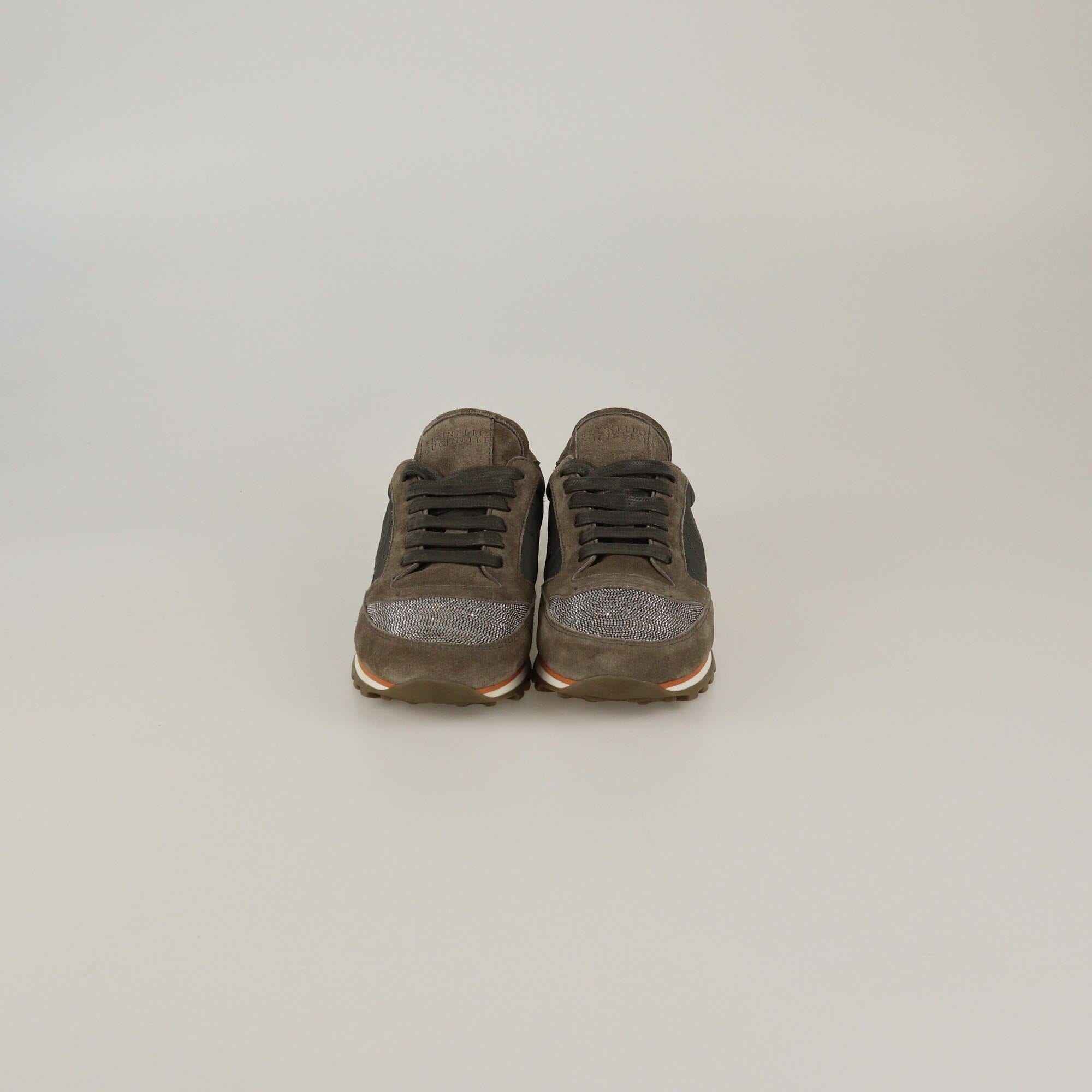 Brunello Cucinelli Beige/Grey Beaded Low Top Sneakers Womens Brunello Cucinelli