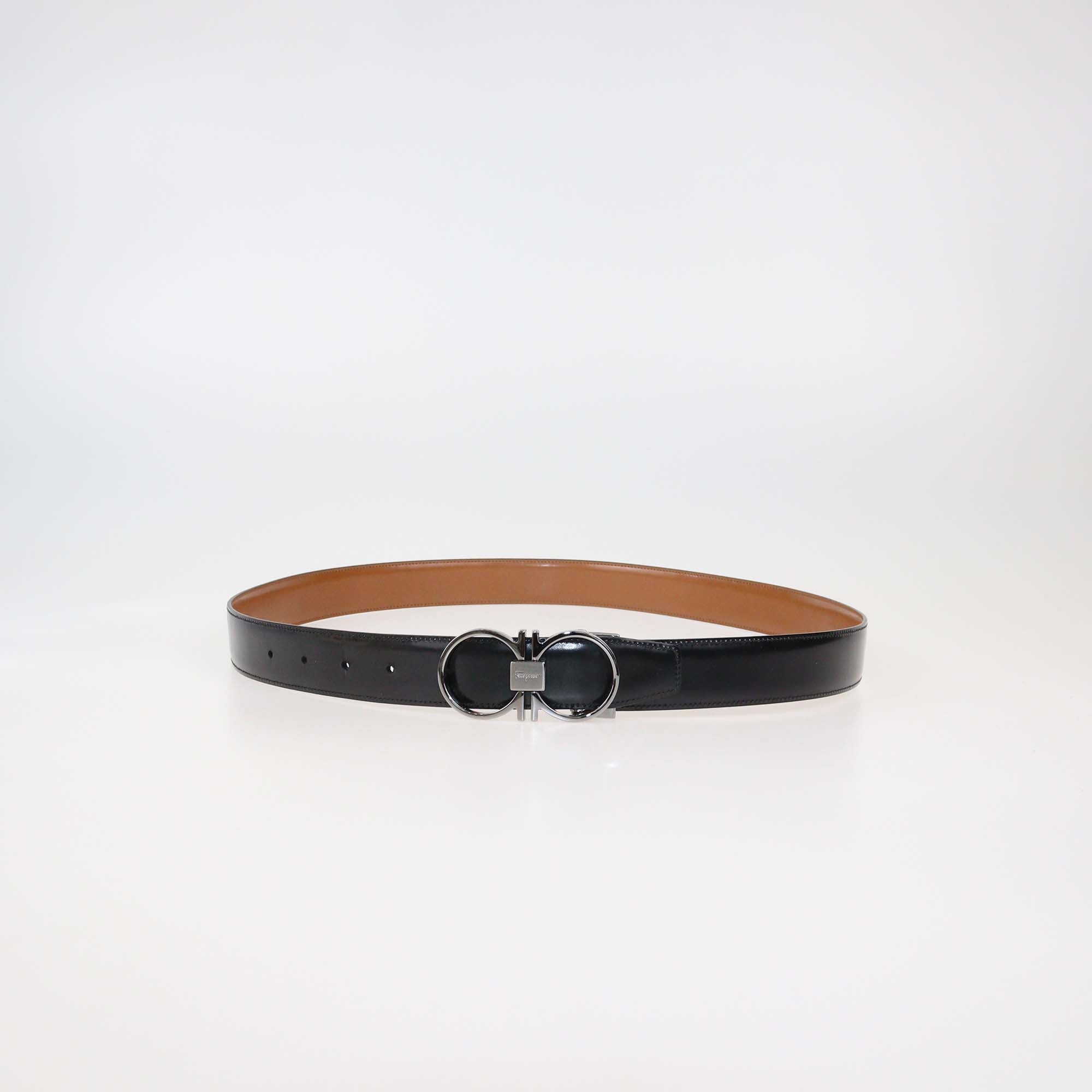 Salvatore Black/Brown Glossy Leather Reversible Gancini Buckle Belt