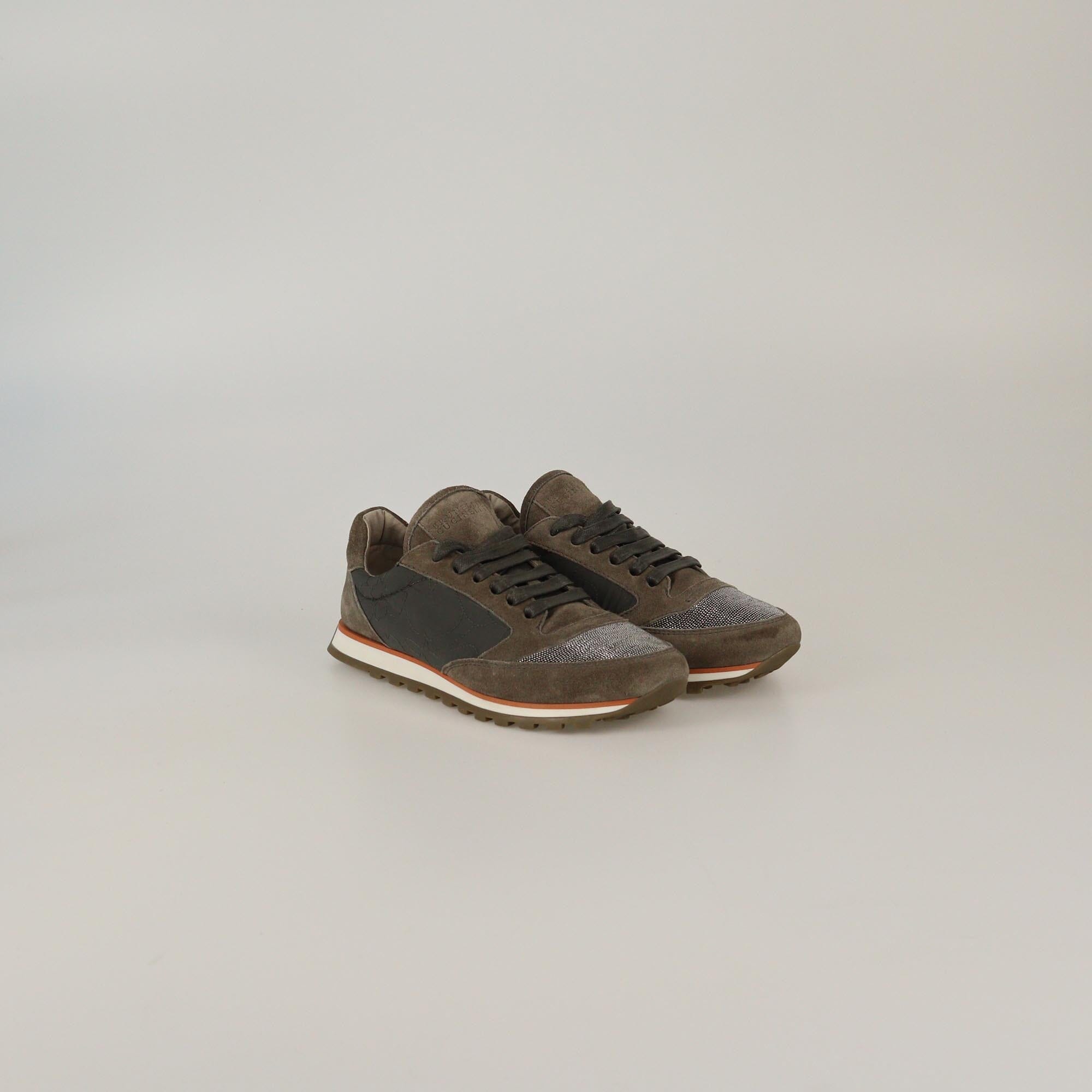 Brunello Cucinelli Beige/Grey Beaded Low Top Sneakers Womens Brunello Cucinelli