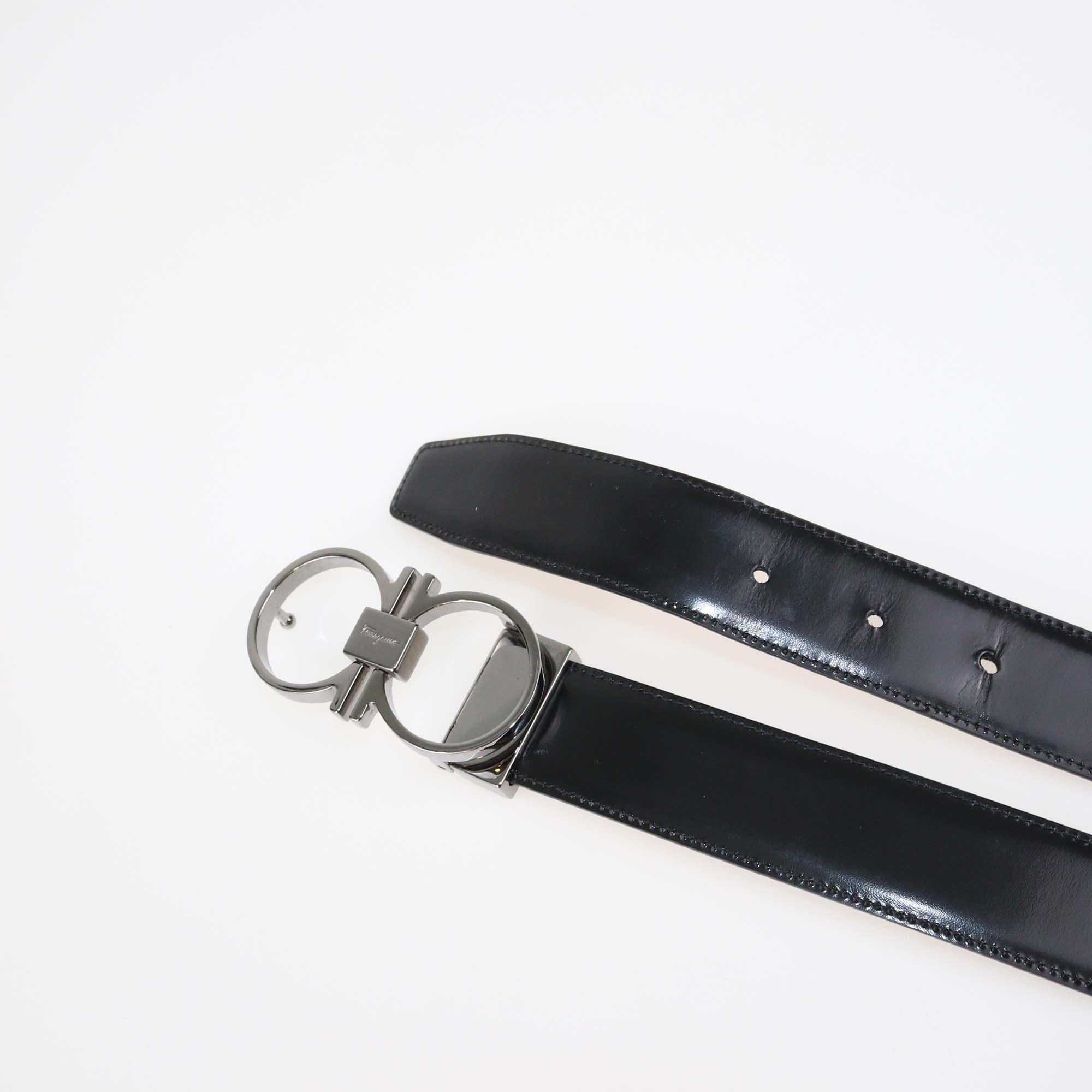Salvatore Black/Brown Glossy Leather Reversible Gancini Buckle Belt