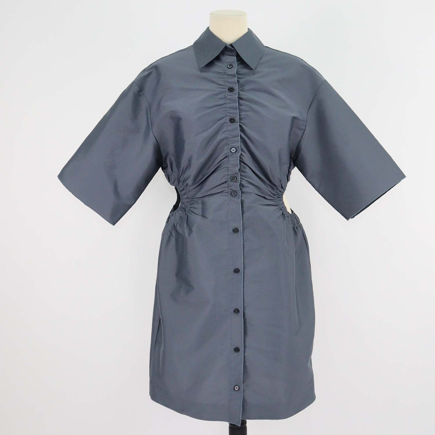 Sandro Bleu Gris Blend Polyester Cut Out Detail Mini Shirt Dress