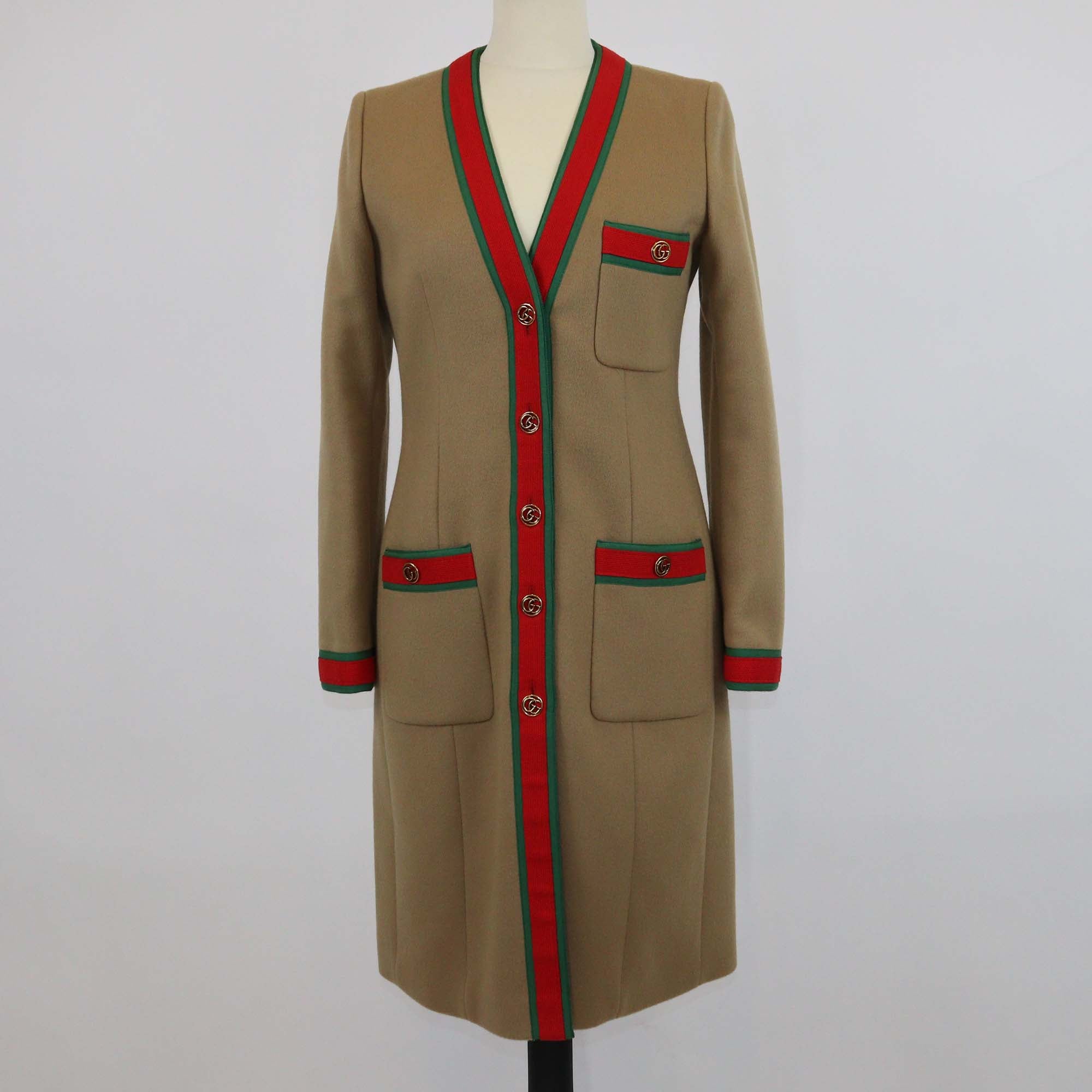 Gucci Brown Wool & Cotton Web Double G Button Knee Length Coat