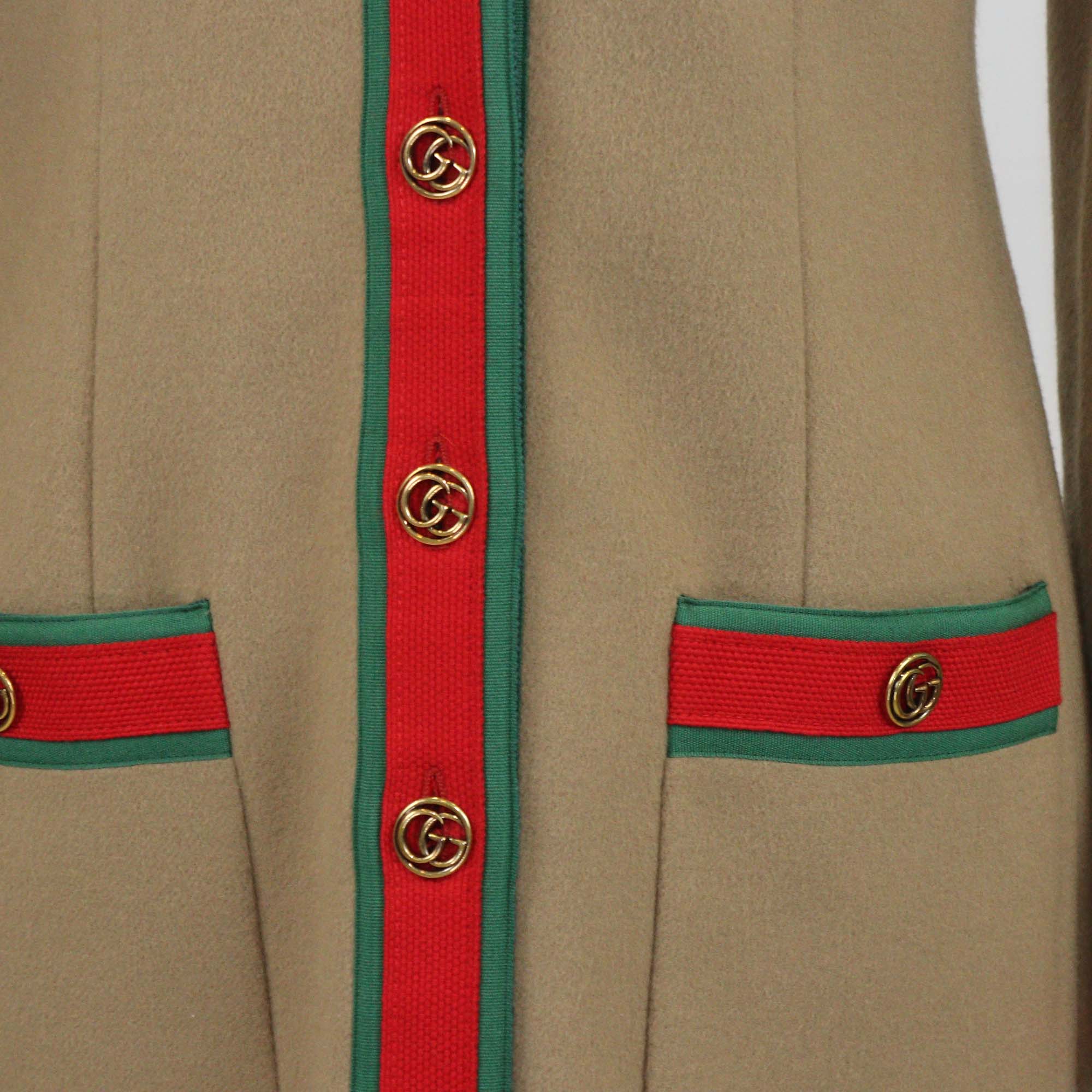Gucci Brown Wool & Cotton Web Double G Button Knee Length Coat
