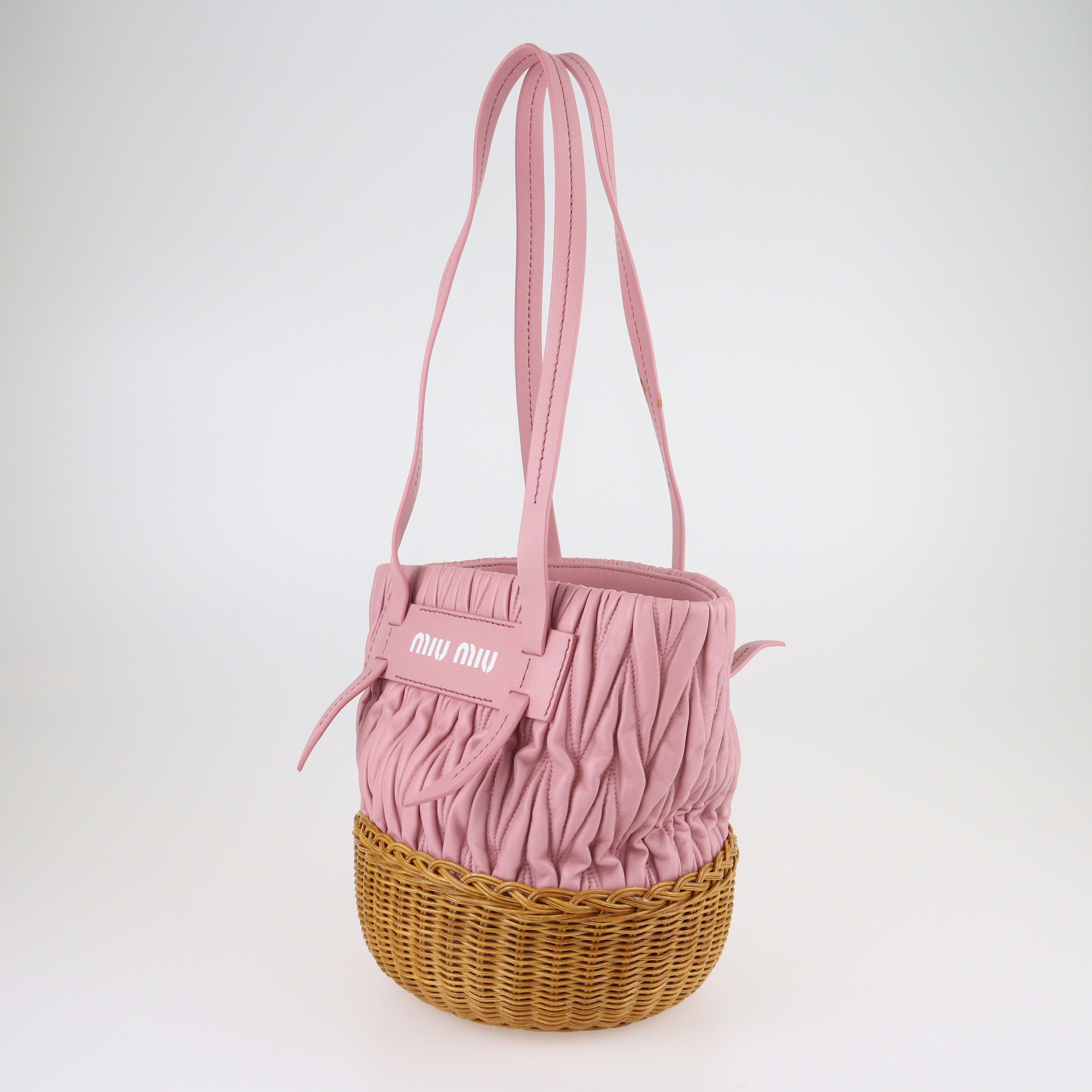 Pink/Brown Rattan Bucket Bag Bags Miu Miu 