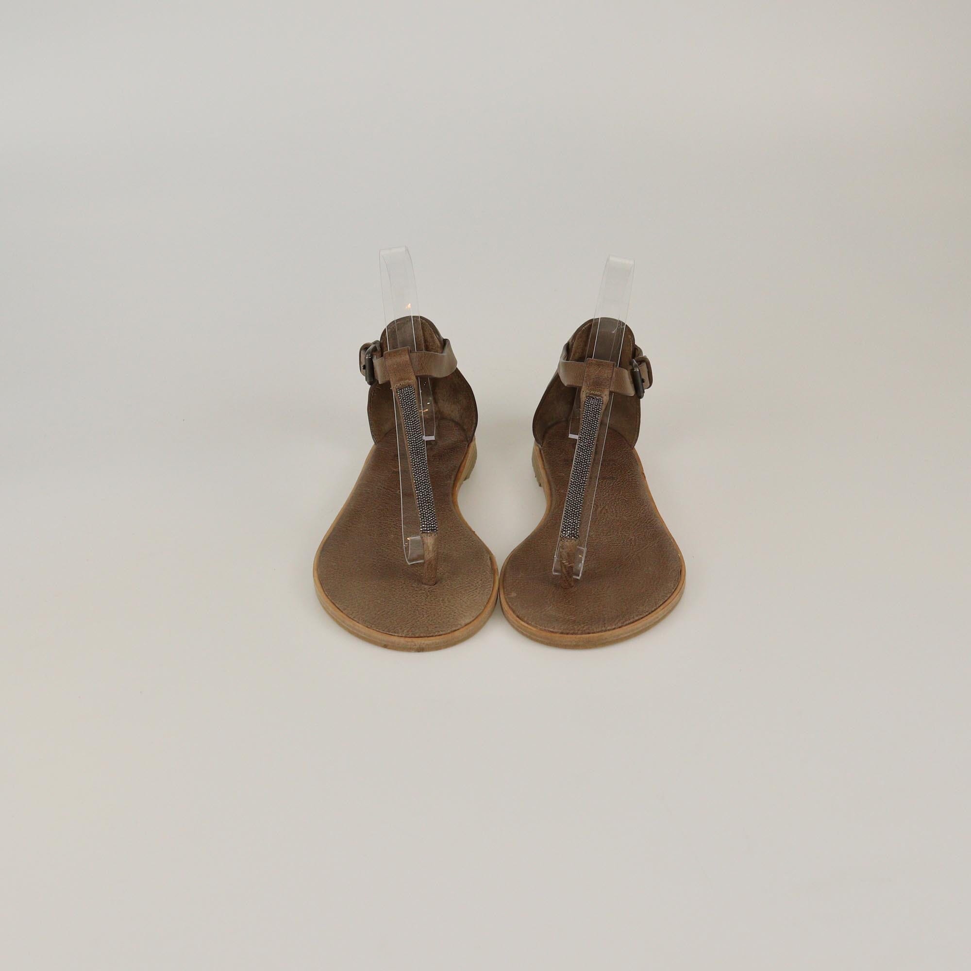 Brunello Cucinelli Brown Beaded Thong Strap Flat Sandals Womens Brunello Cucinelli