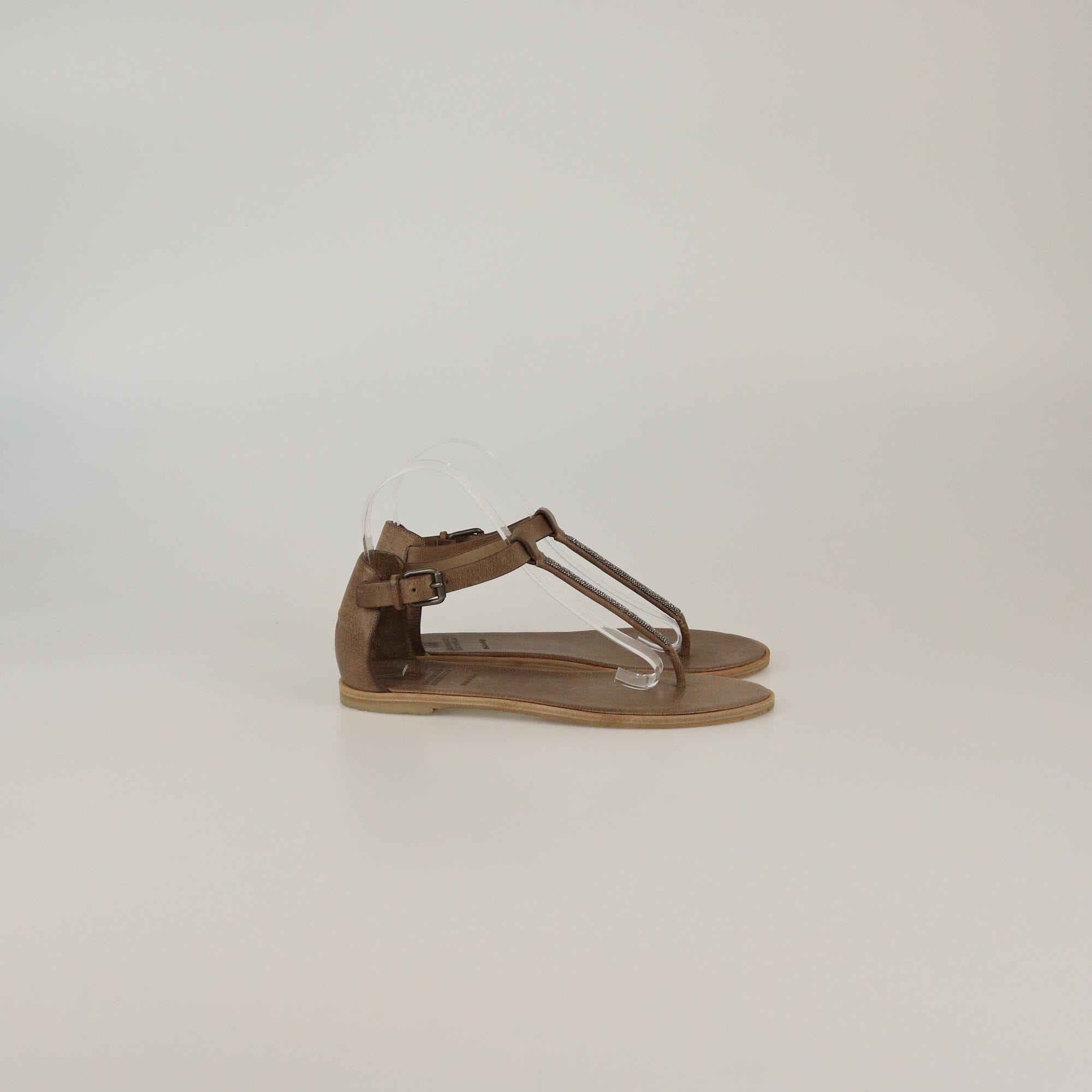 Brunello Cucinelli Brown Beaded Thong Strap Flat Sandals Womens Brunello Cucinelli