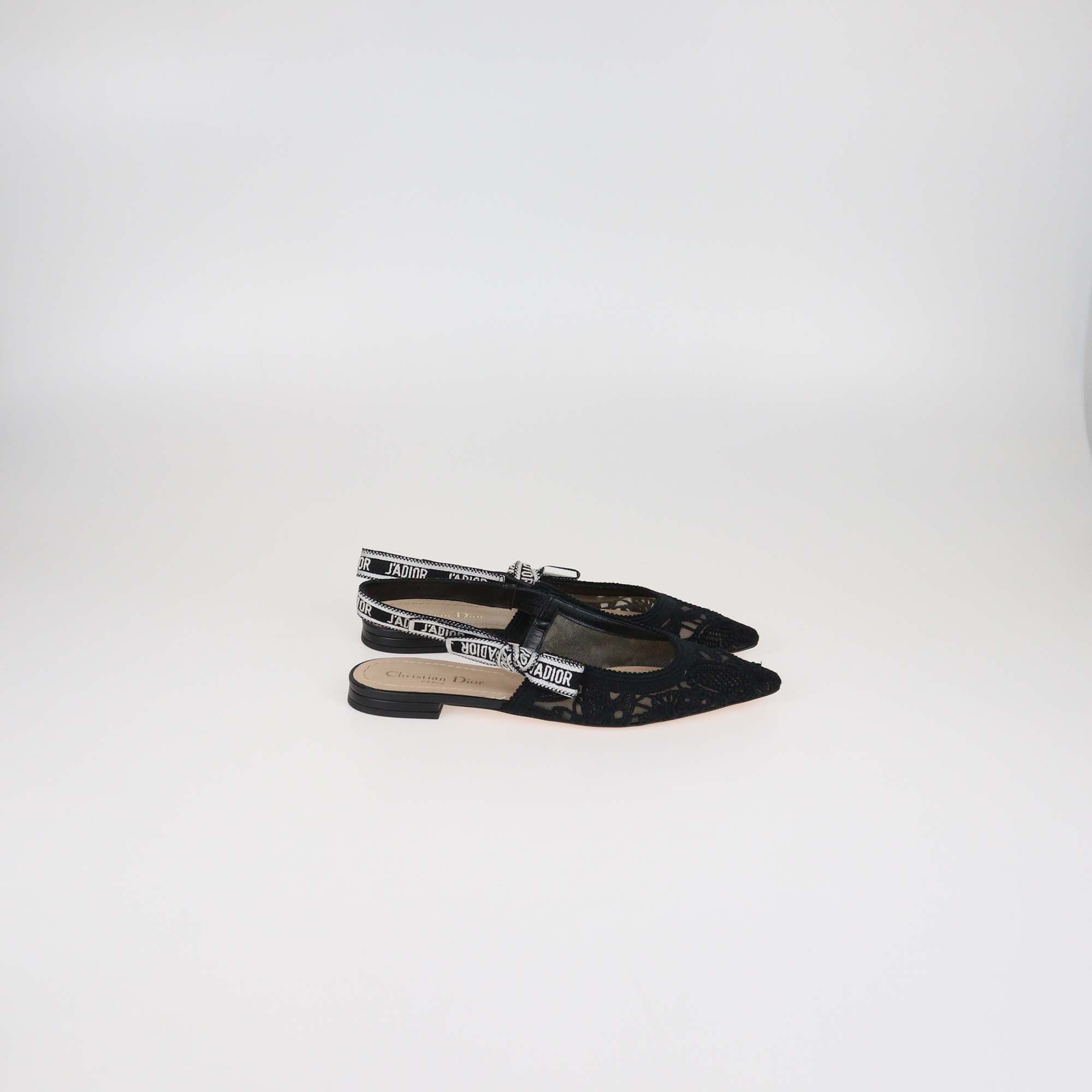 Christian Dior Black Mesh Chardons Embroidery J'Adior Slingback Flats
