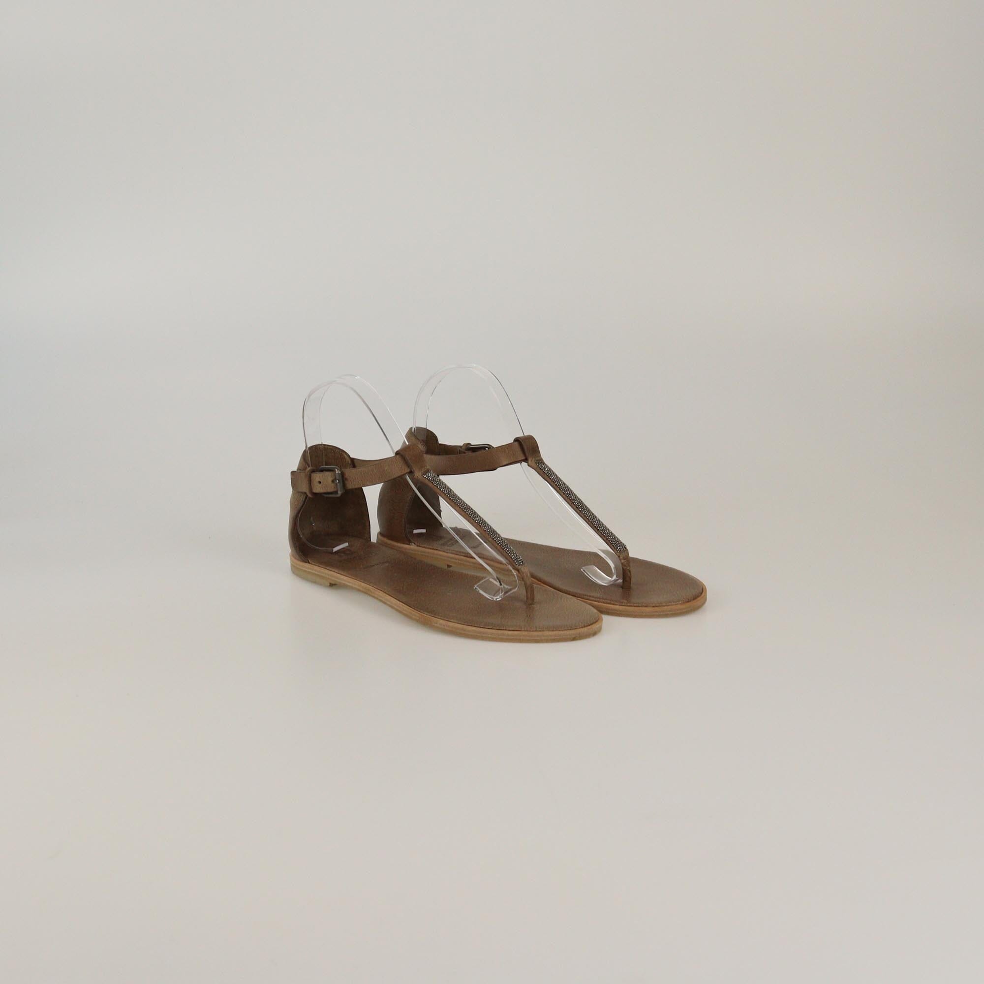 Brunello Cucinelli Brown Beaded Thong Strap Flat Sandals Womens Brunello Cucinelli