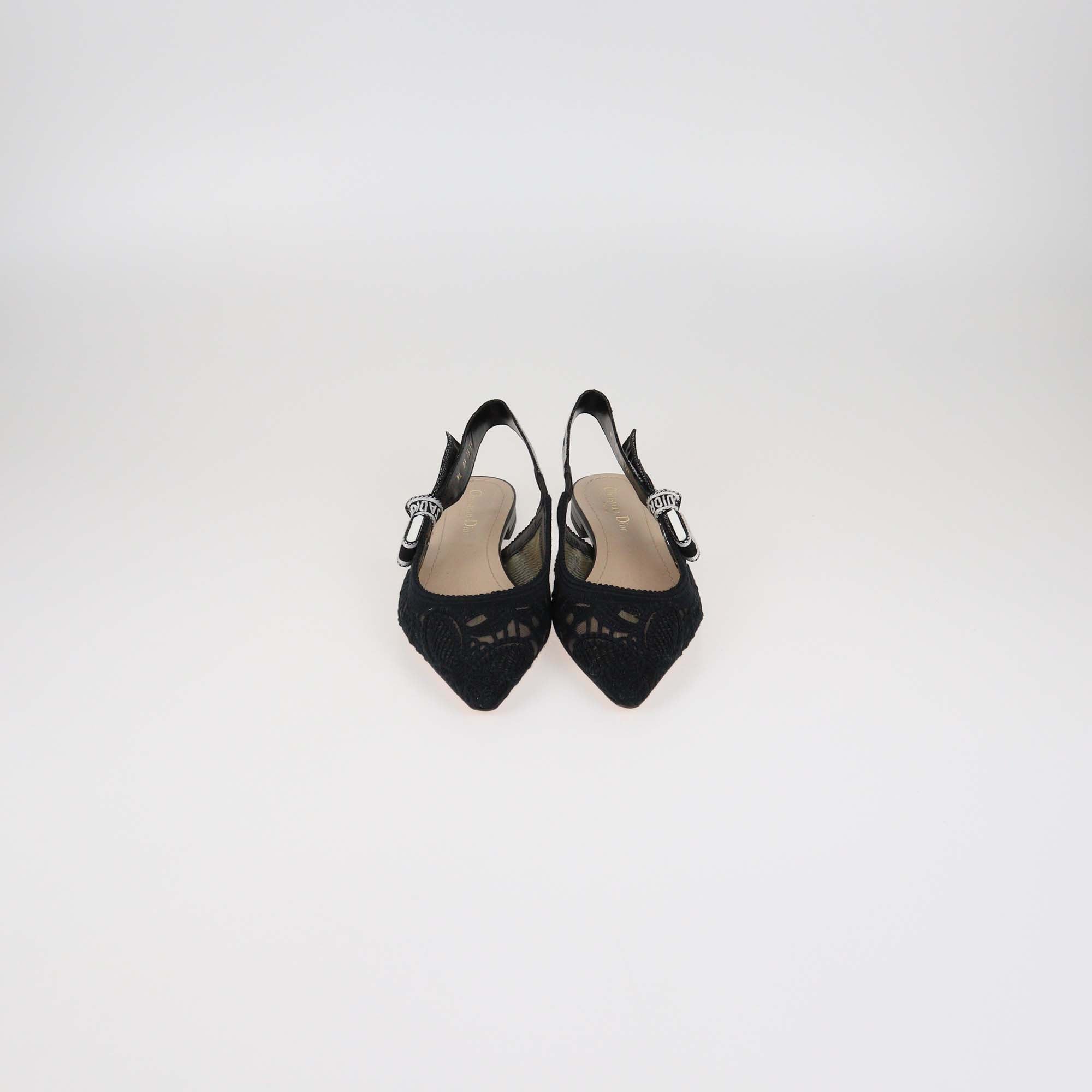 Christian Dior Black Mesh Chardons Embroidery J'Adior Slingback Flats