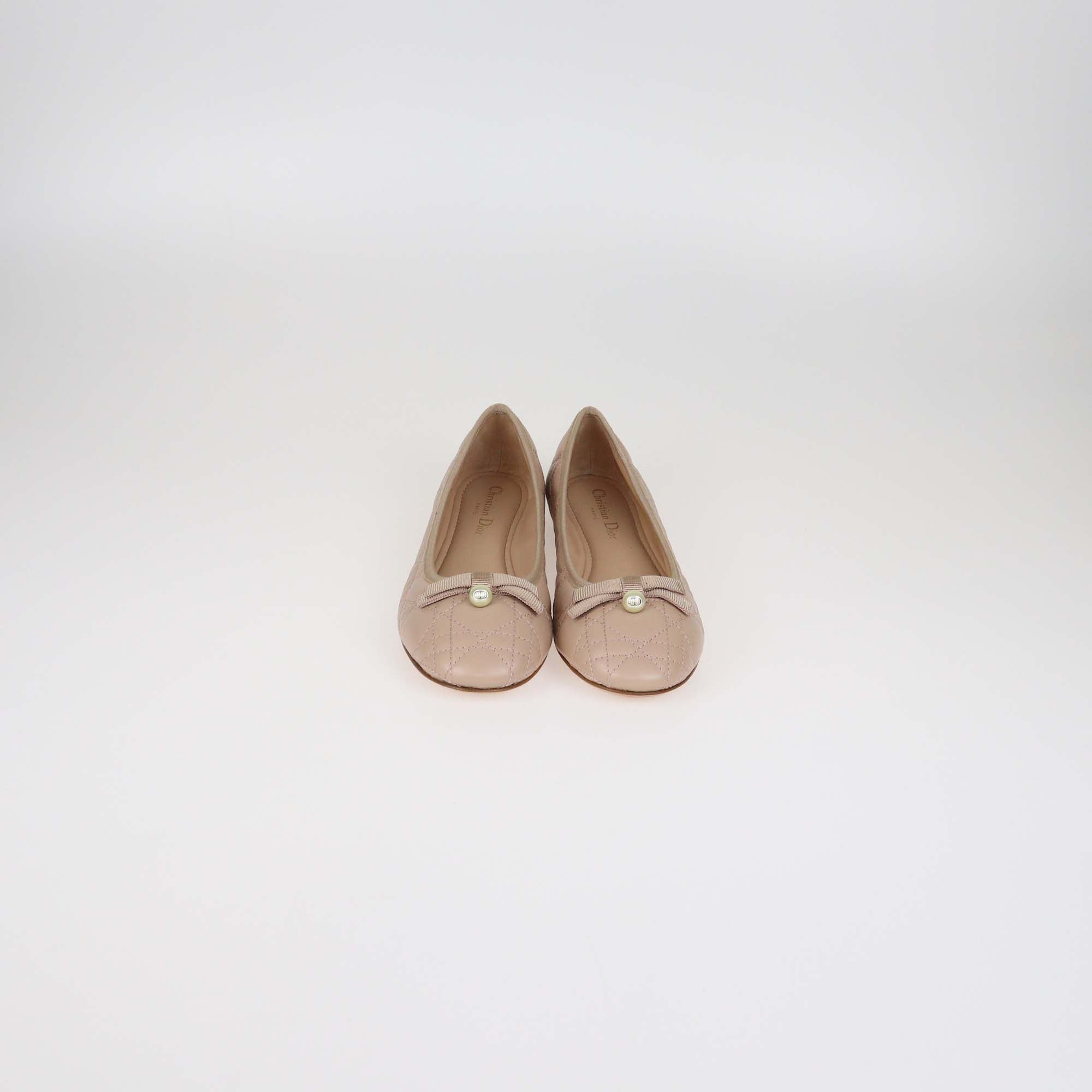 Christian Dior Beige Leather Pearl Bow Cannage Ballet Flats