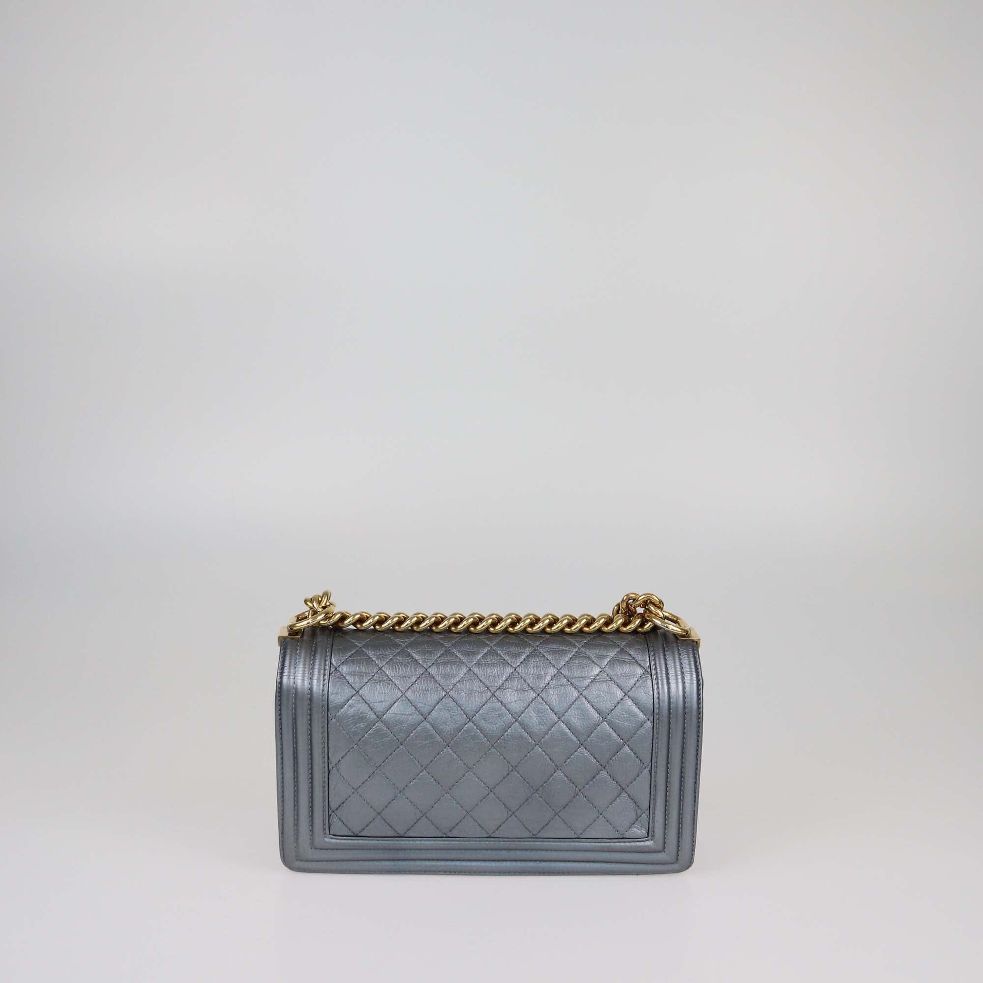 Chanel Metallic Grey Quilted Medium Boy Flap Bag Womens Chanel