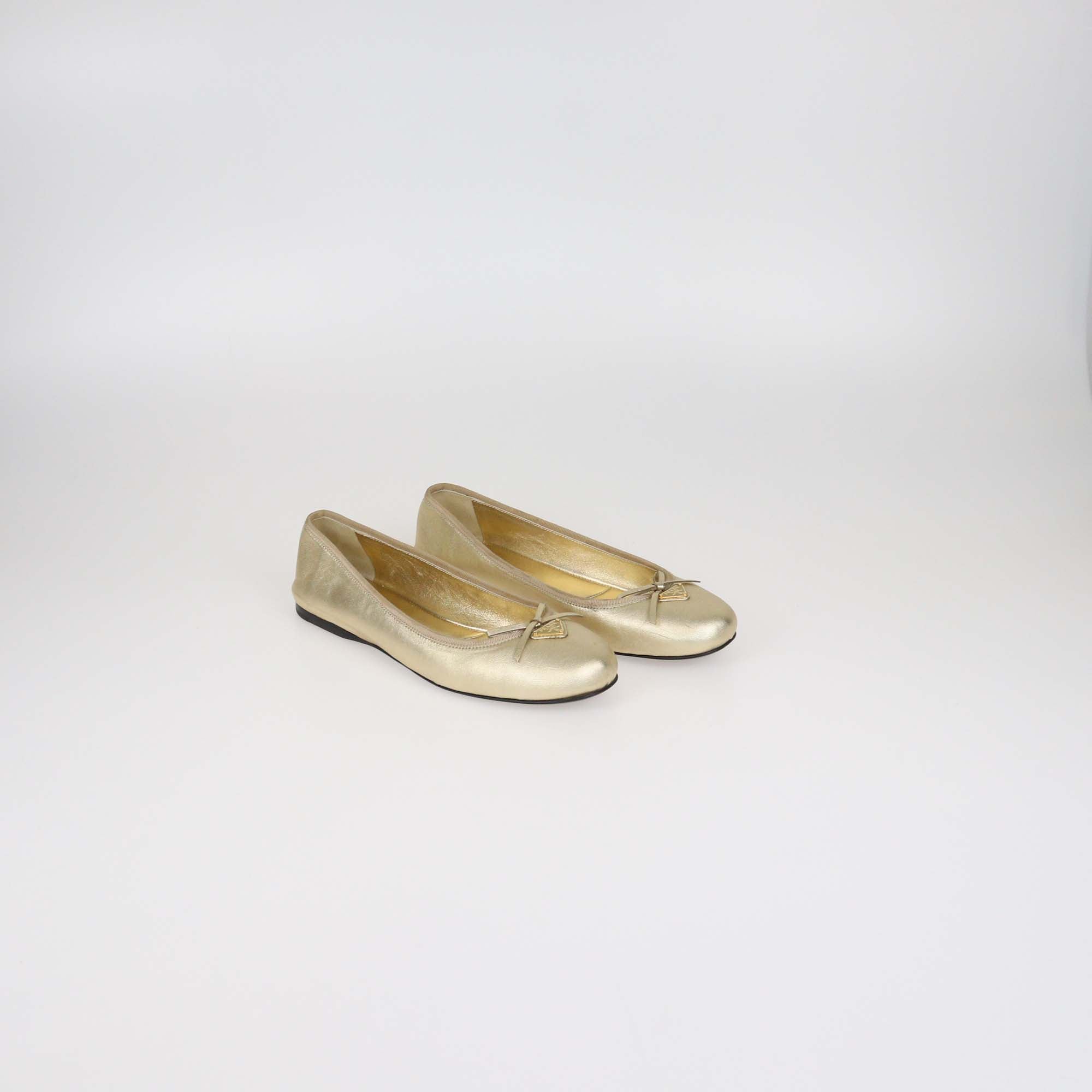 Prada Metallic Gold Leather Logo Bow Ballerina Flats