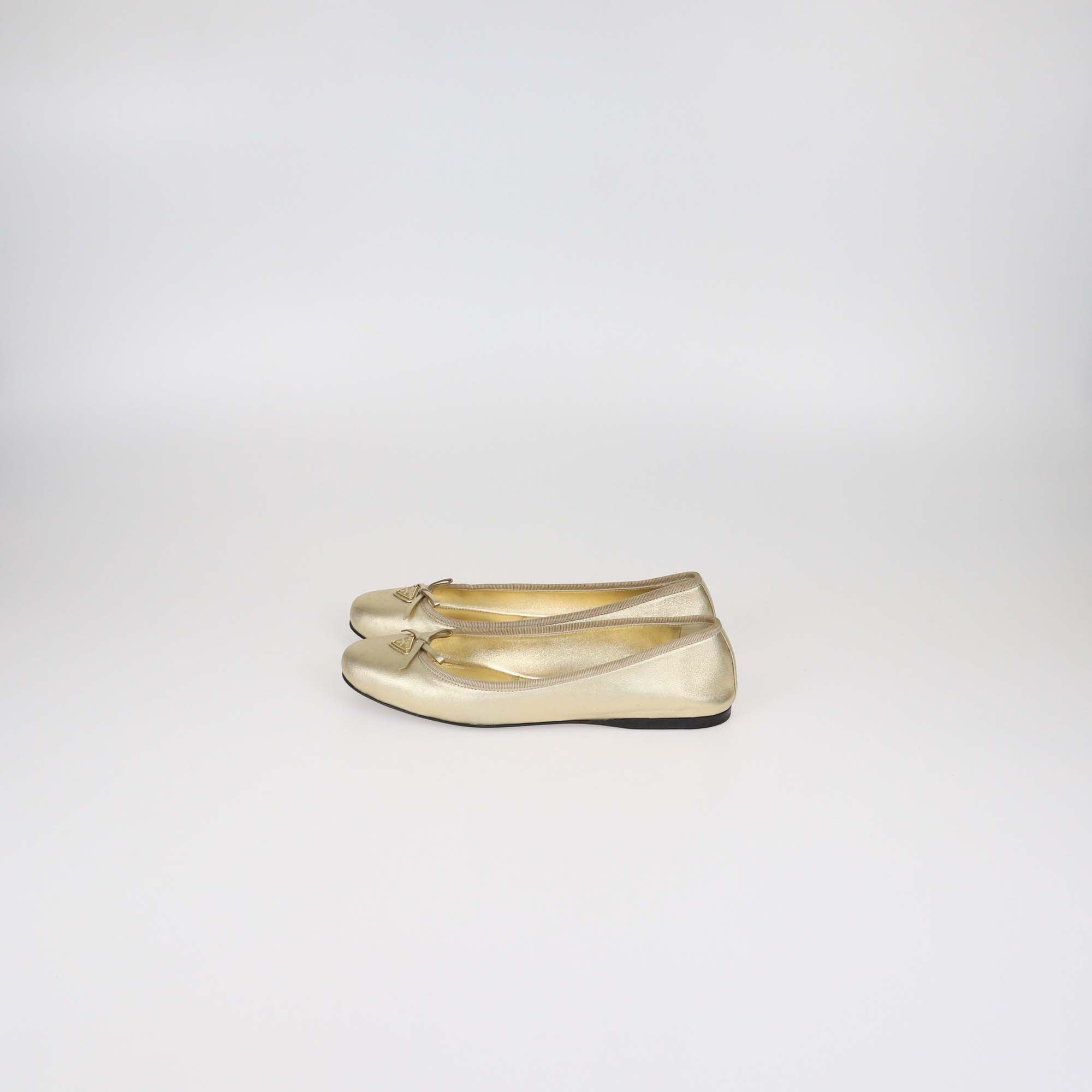 Prada Metallic Gold Leather Logo Bow Ballerina Flats