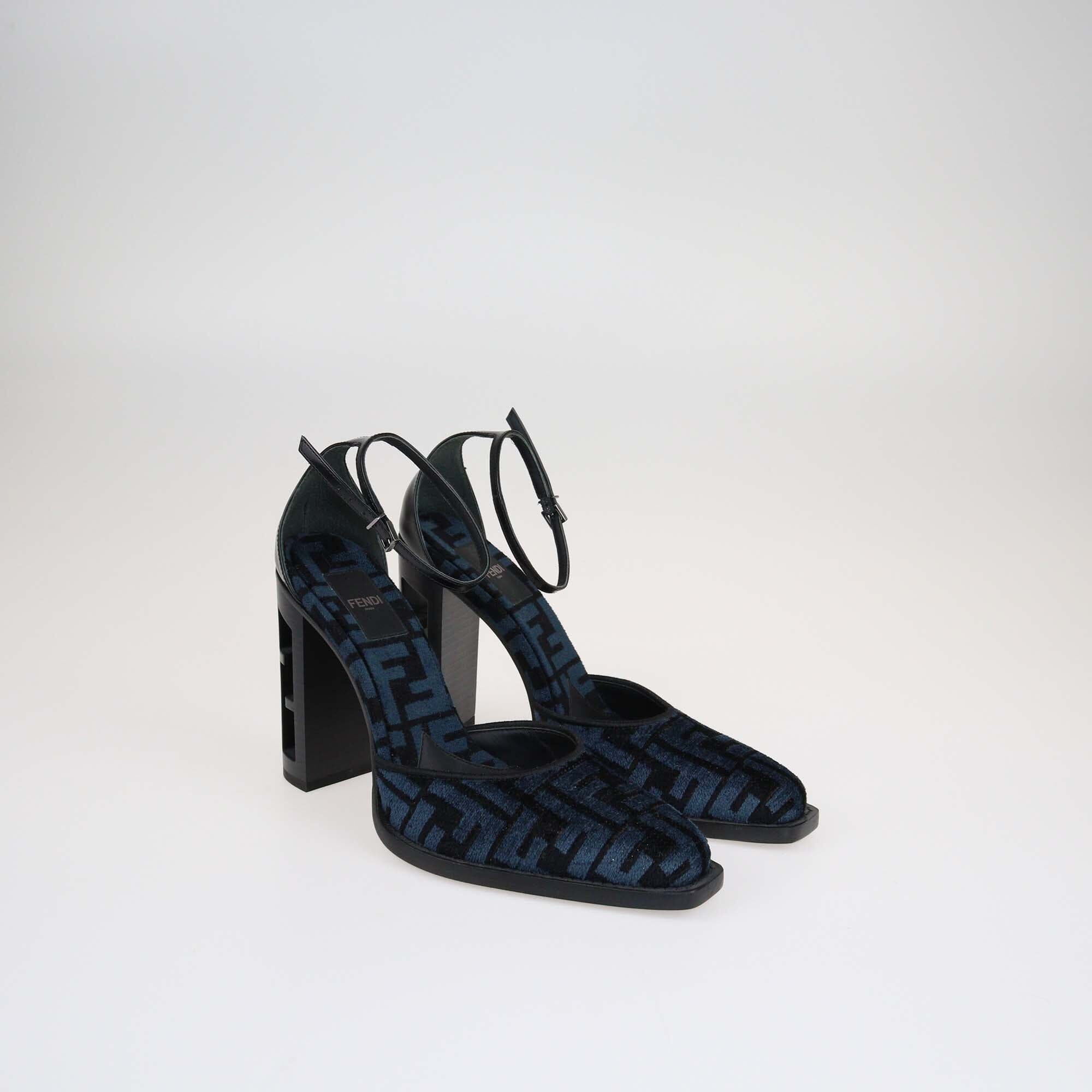 Fendi Black/Blue FF Ankle Strap Chenille Pumps Shoes Fendi
