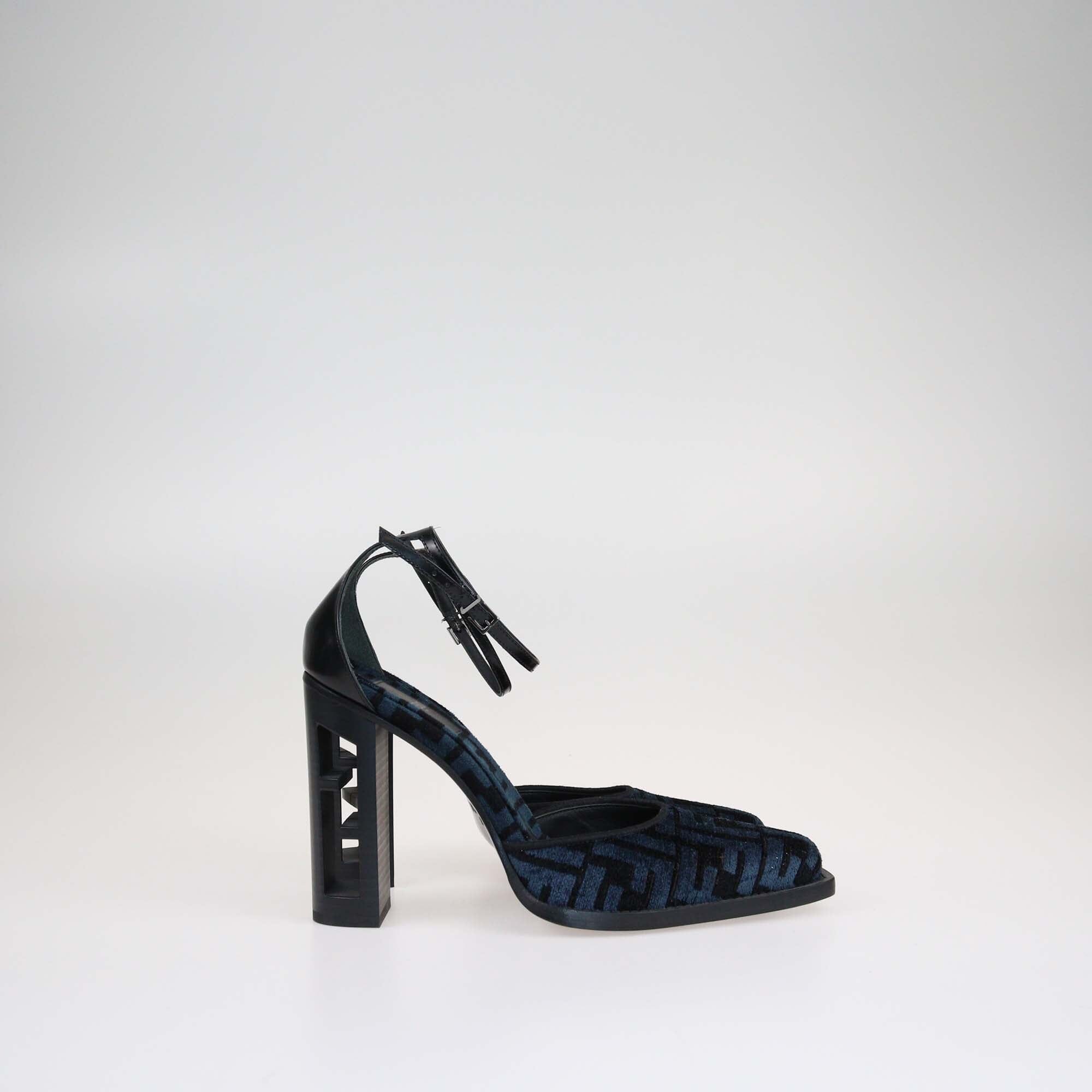 Fendi Black/Blue FF Ankle Strap Chenille Pumps Shoes Fendi