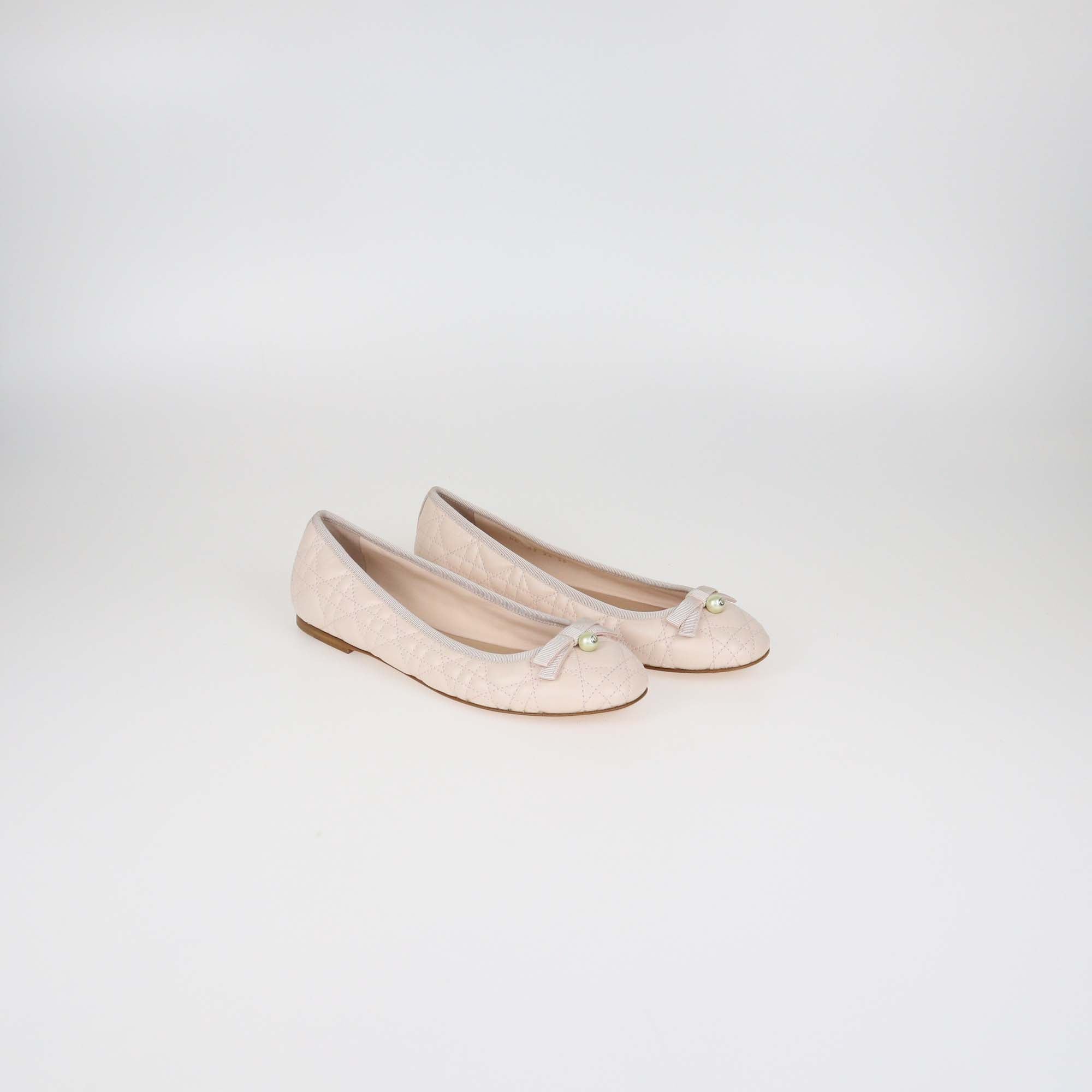 Christian Dior Powder Pink Leather Pearl Bow Cannage Ballet Flats