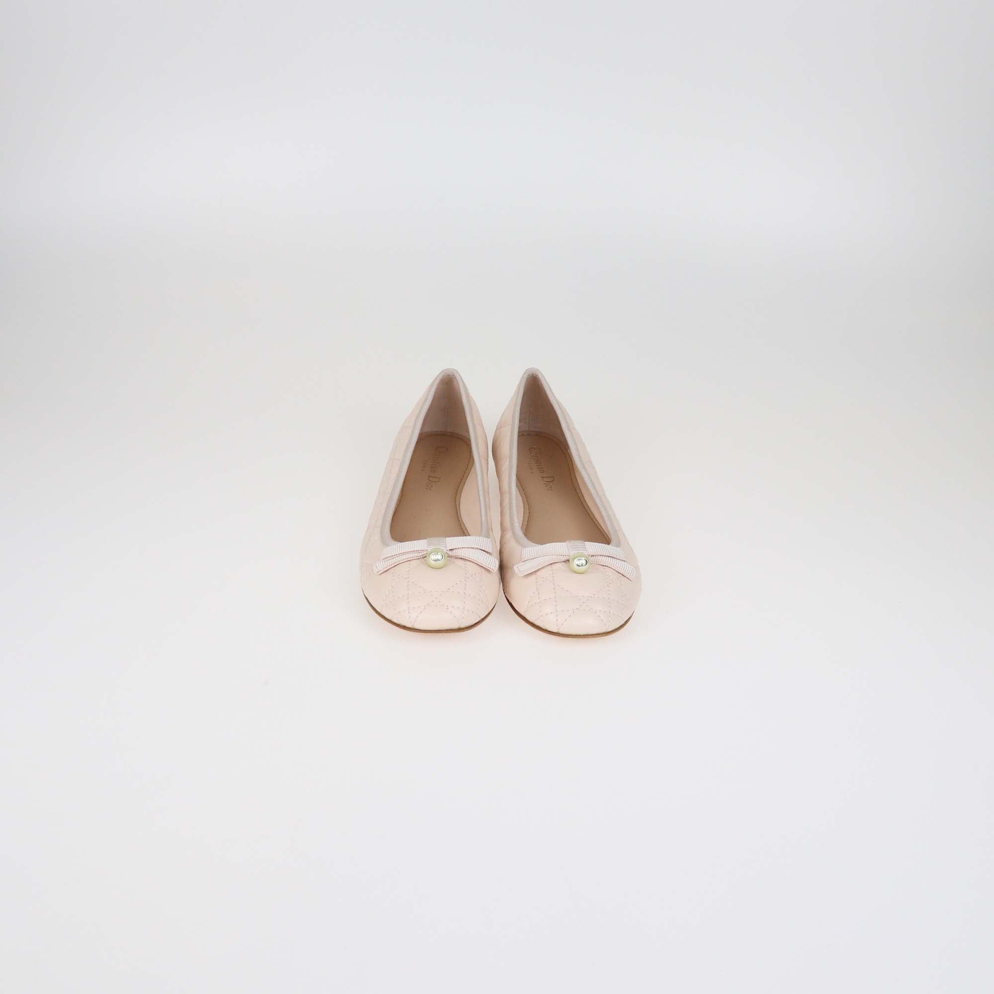 Christian Dior Powder Pink Leather Pearl Bow Cannage Ballet Flats