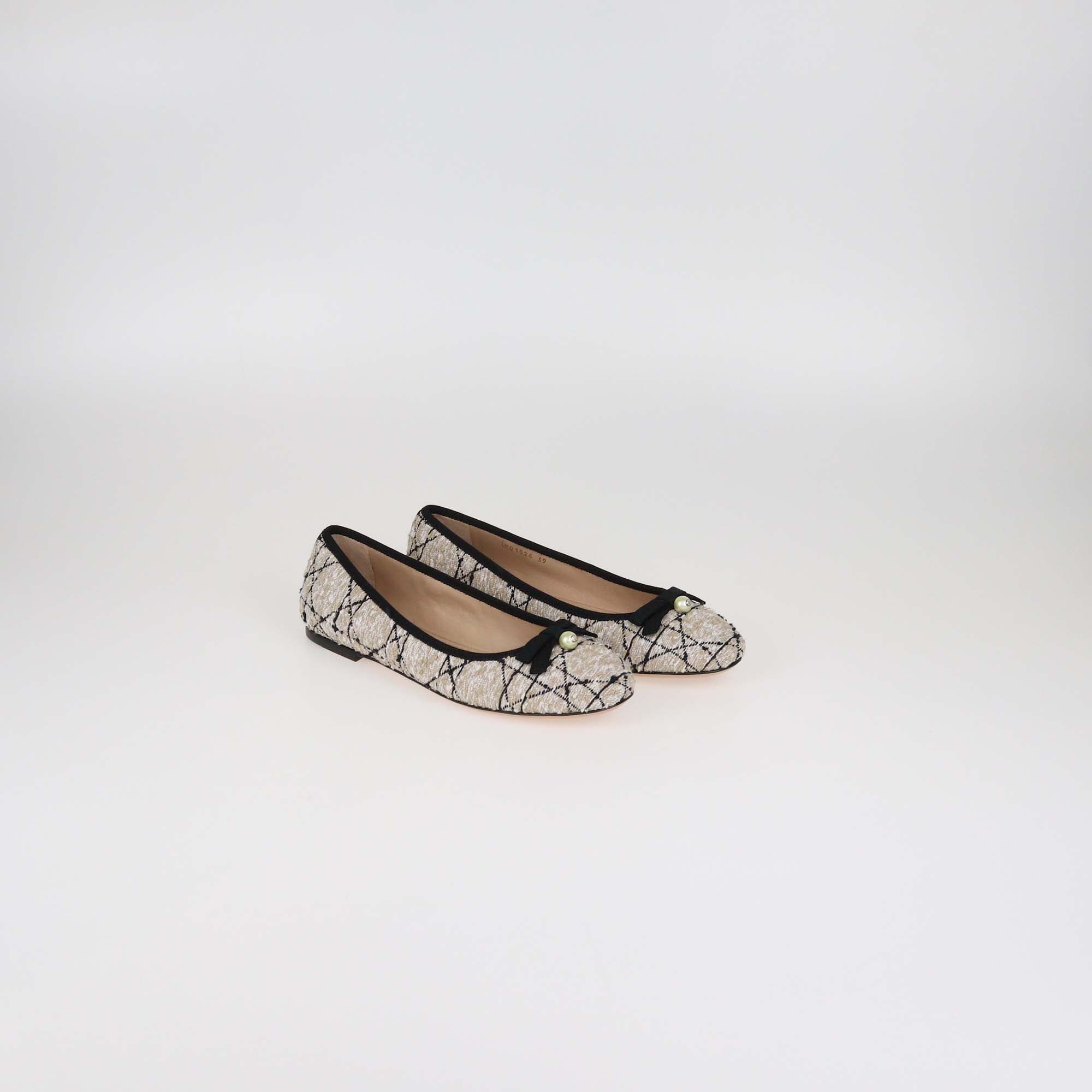 Christian Dior Beige/Black Tweed Pearl Bow Cannage Ballet Flats