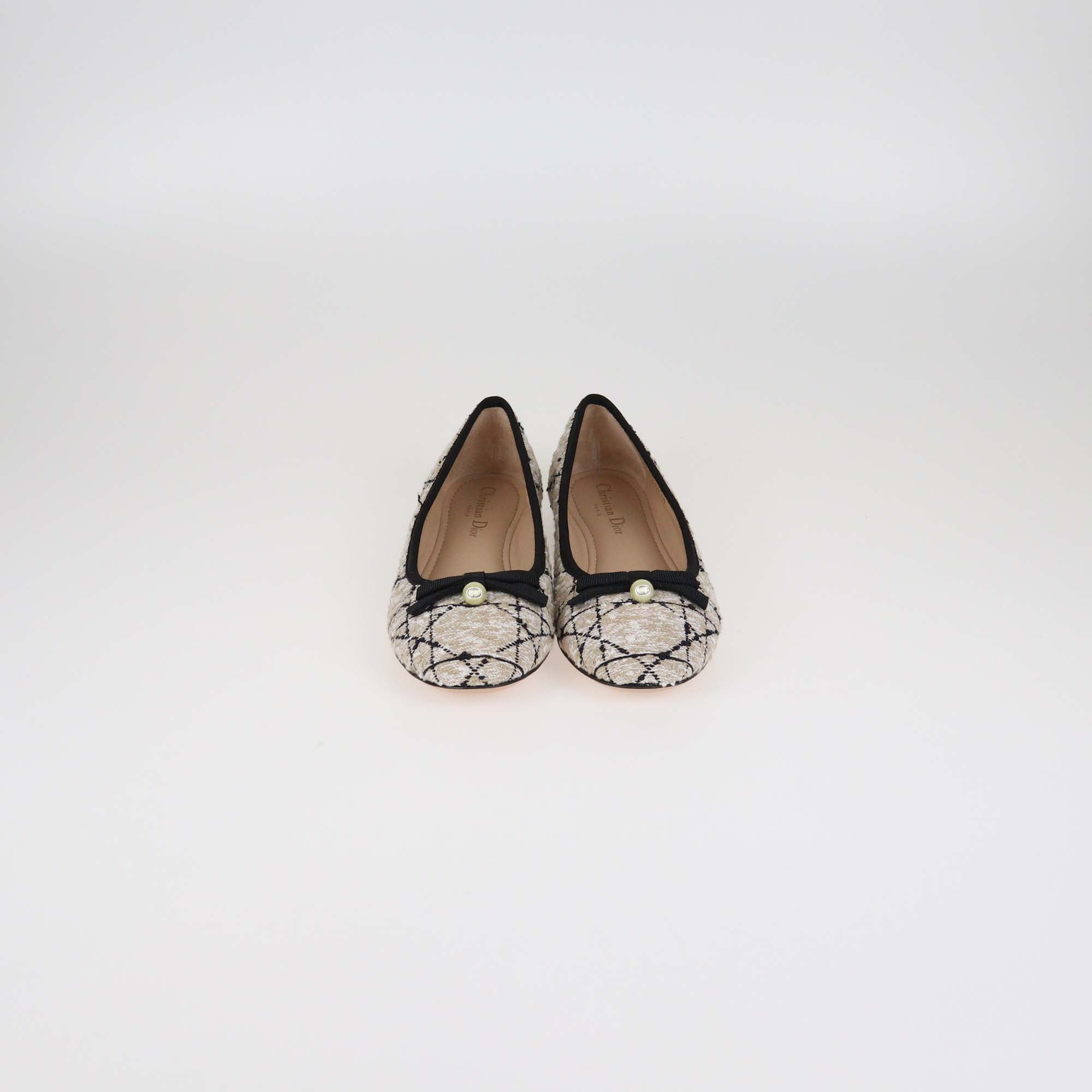 Christian Dior Beige/Black Tweed Pearl Bow Cannage Ballet Flats