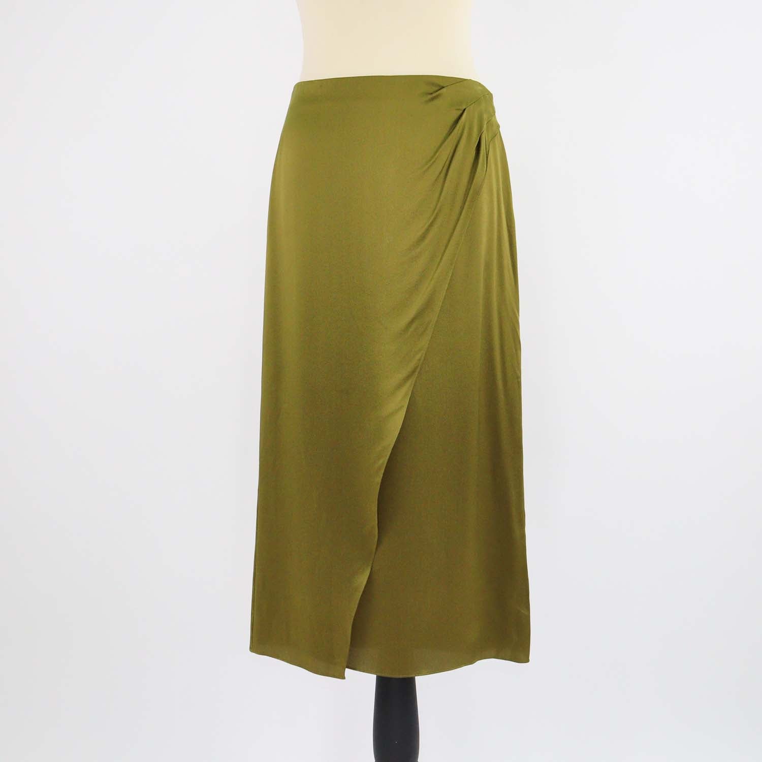 Vince Olive Green Silk Wrap Midi Skirt