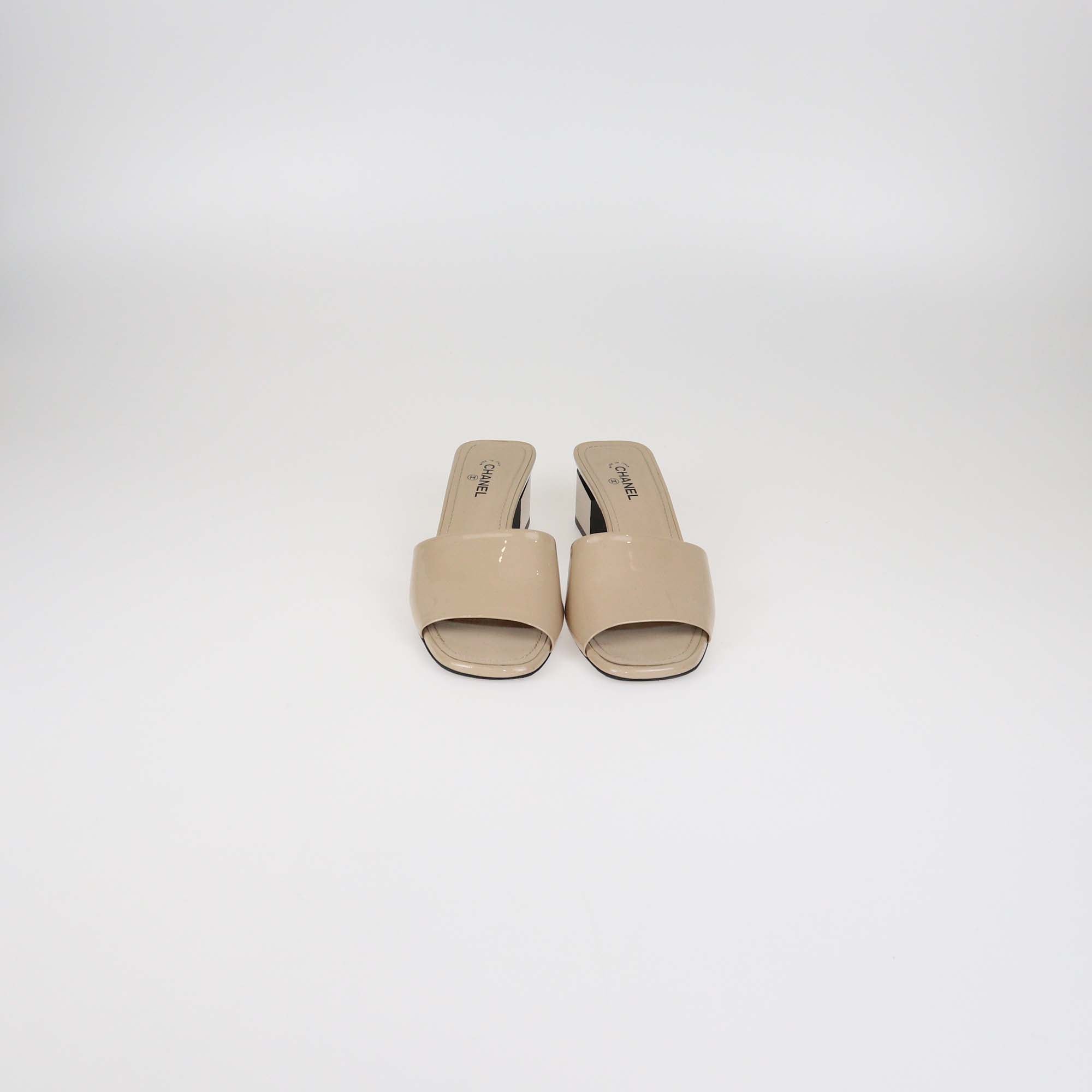 Chanel Beige Patent Leather CC Slide Sandals