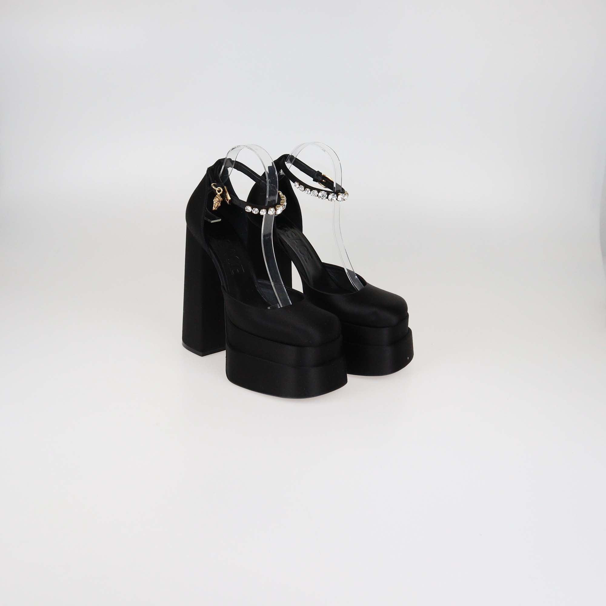 Versace Black Satin Medusa Aevitas Platform Pumps