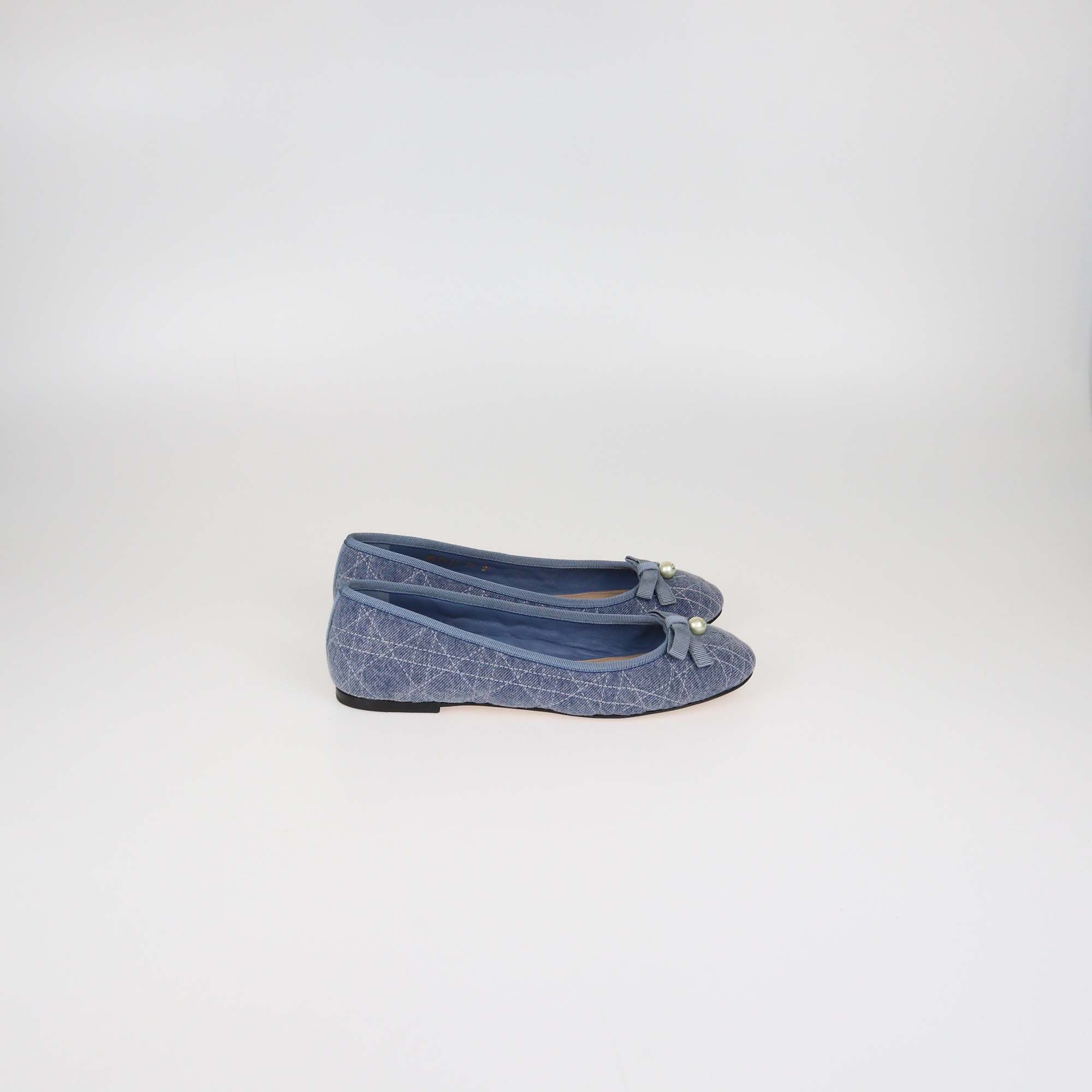 Christian Dior Blue Denim Cannage Pearl Bow Ballet Flats